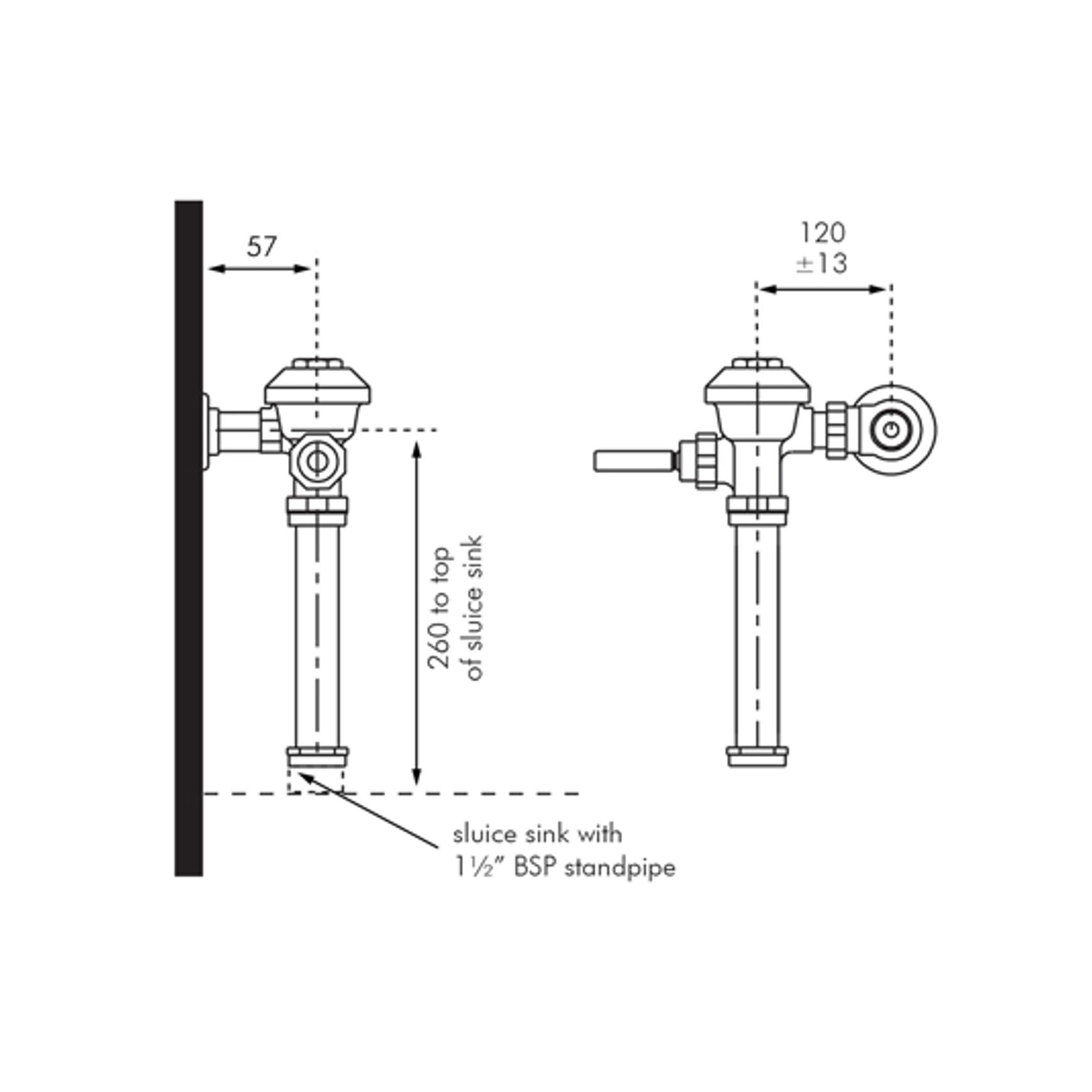 Zurn Exposed Mounted Sluice Sink Flush Valve dimensions
