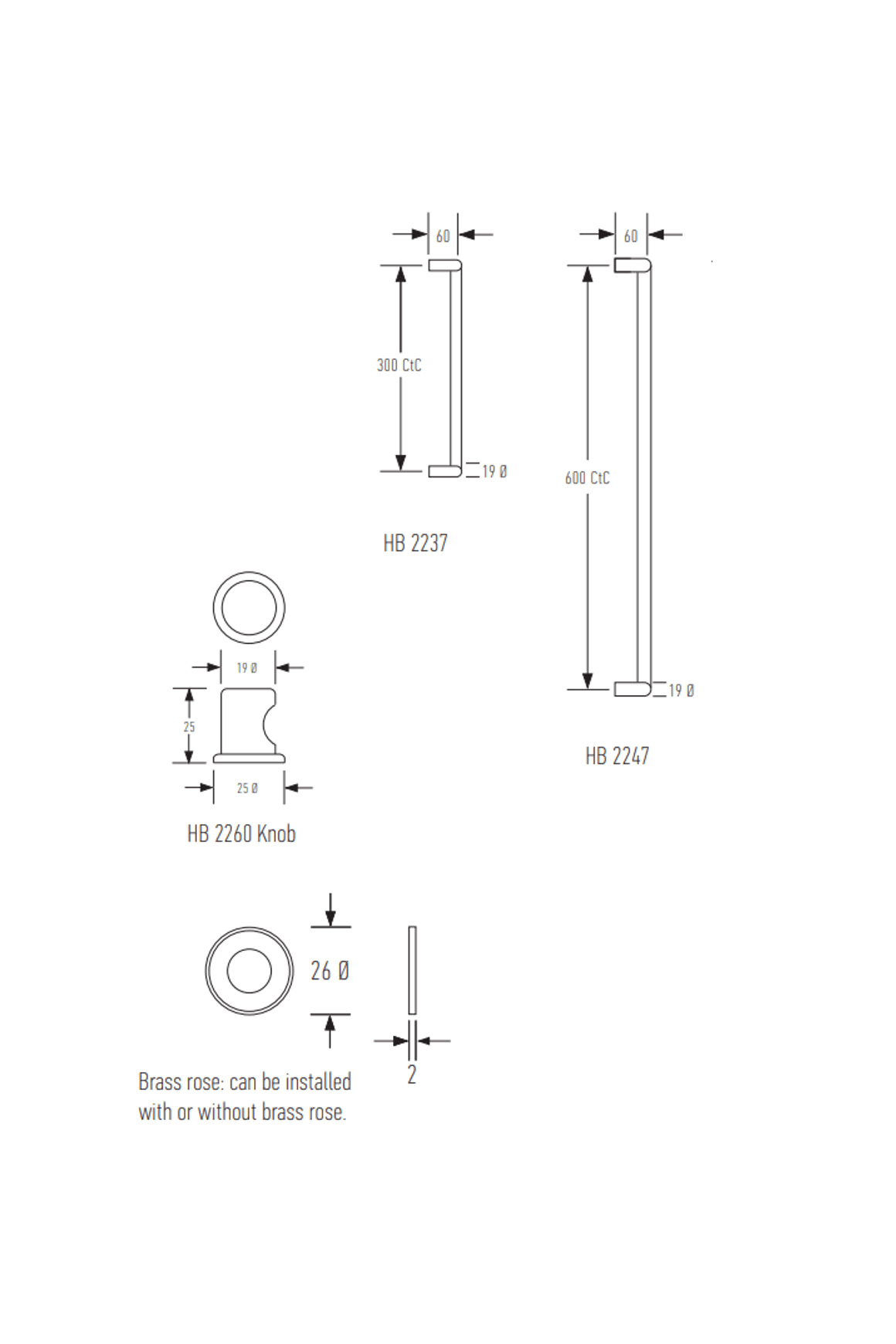 HB2237 300mm + HB2247 600mm Off-Set D Pull dimensions