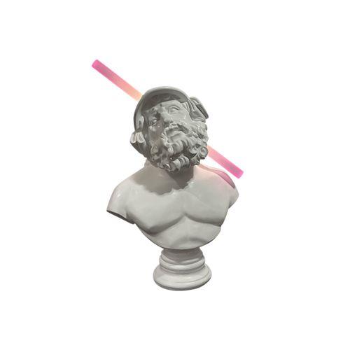 White Head with Pink Light Bolt Sculpture