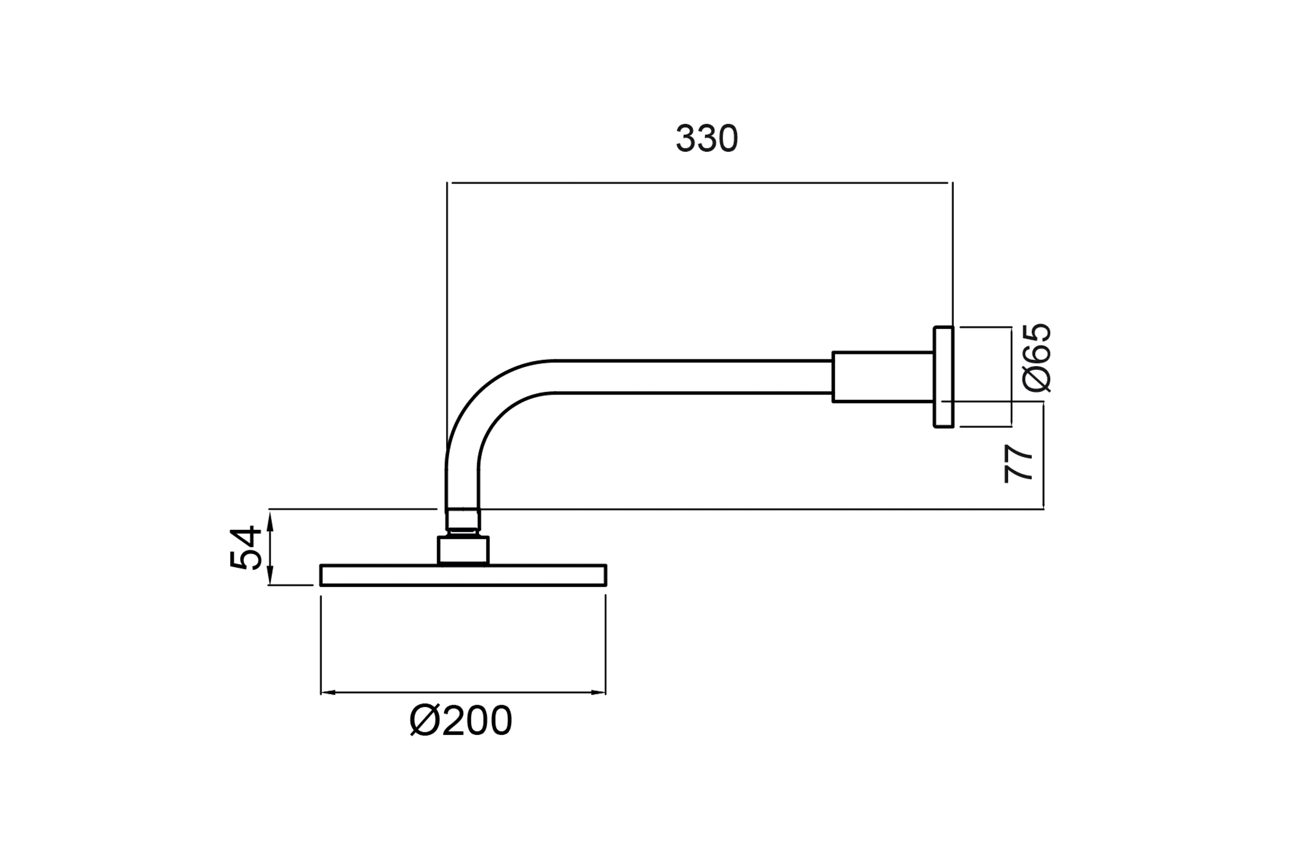 Wairere 200mm Overhead Shower on Wall Arm dimensions
