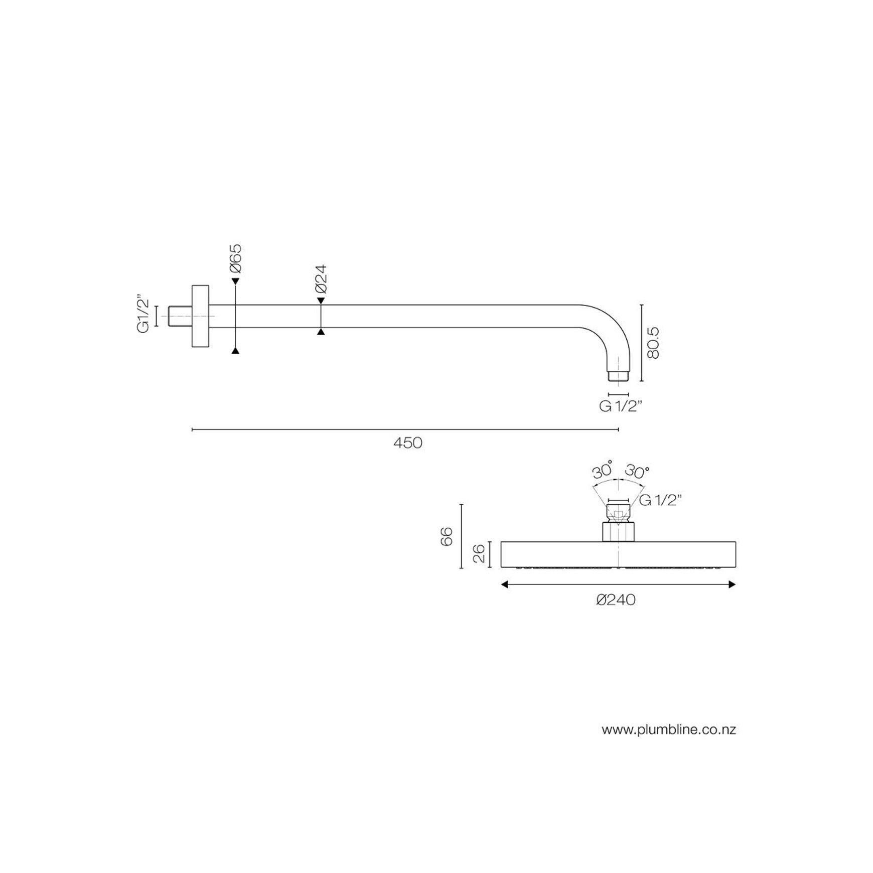 Fukasawa 240mm Wall Mount Rainhead dimensions