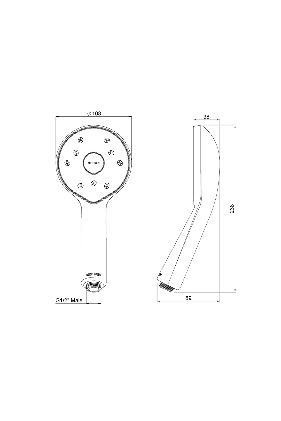 Kiri MKII Low Flow Shower Handset dimensions