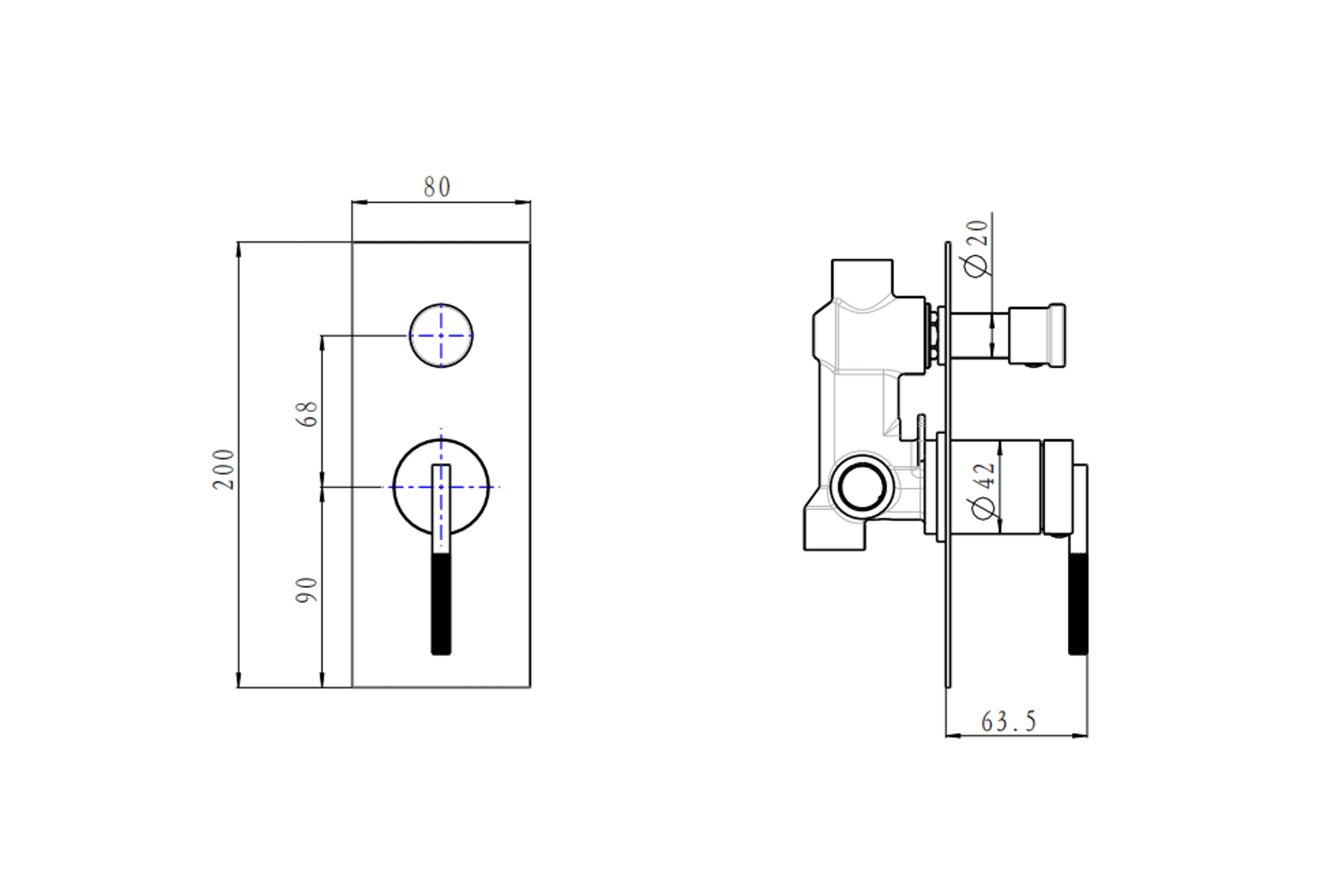 Caddence Wall Mixer with Diverter Gun Metal Grey dimensions
