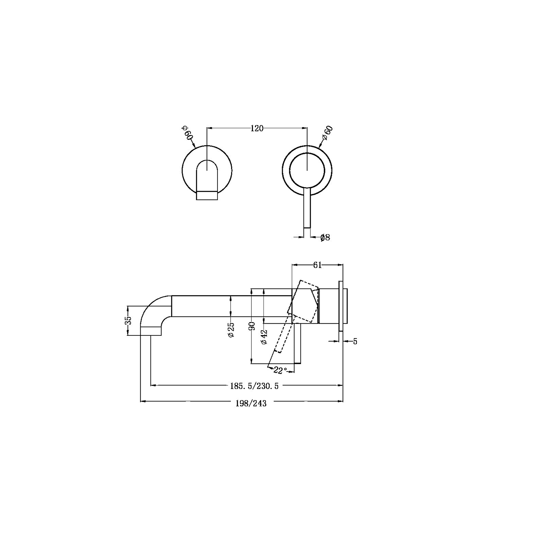 Zen SS316L Wall Basin/Bath Mixer Separate Back Plate 230mm Spout Trim Kits | Graphite dimensions