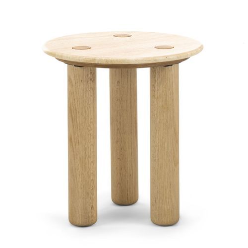 Ayra 45cm Round Travertine Side Table | Cream & Natural Oak