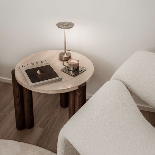 Amaya 55cm Travertine Round Side Table | Cream & Brown Oak