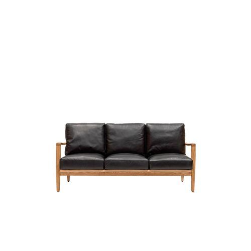 Reid Leather 3 Seater Sofa - Black Leather, Natural Frame
