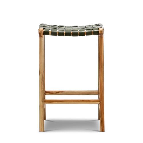 Lazie Leather Strapping Bar Stool 66cm | Teak & Olive