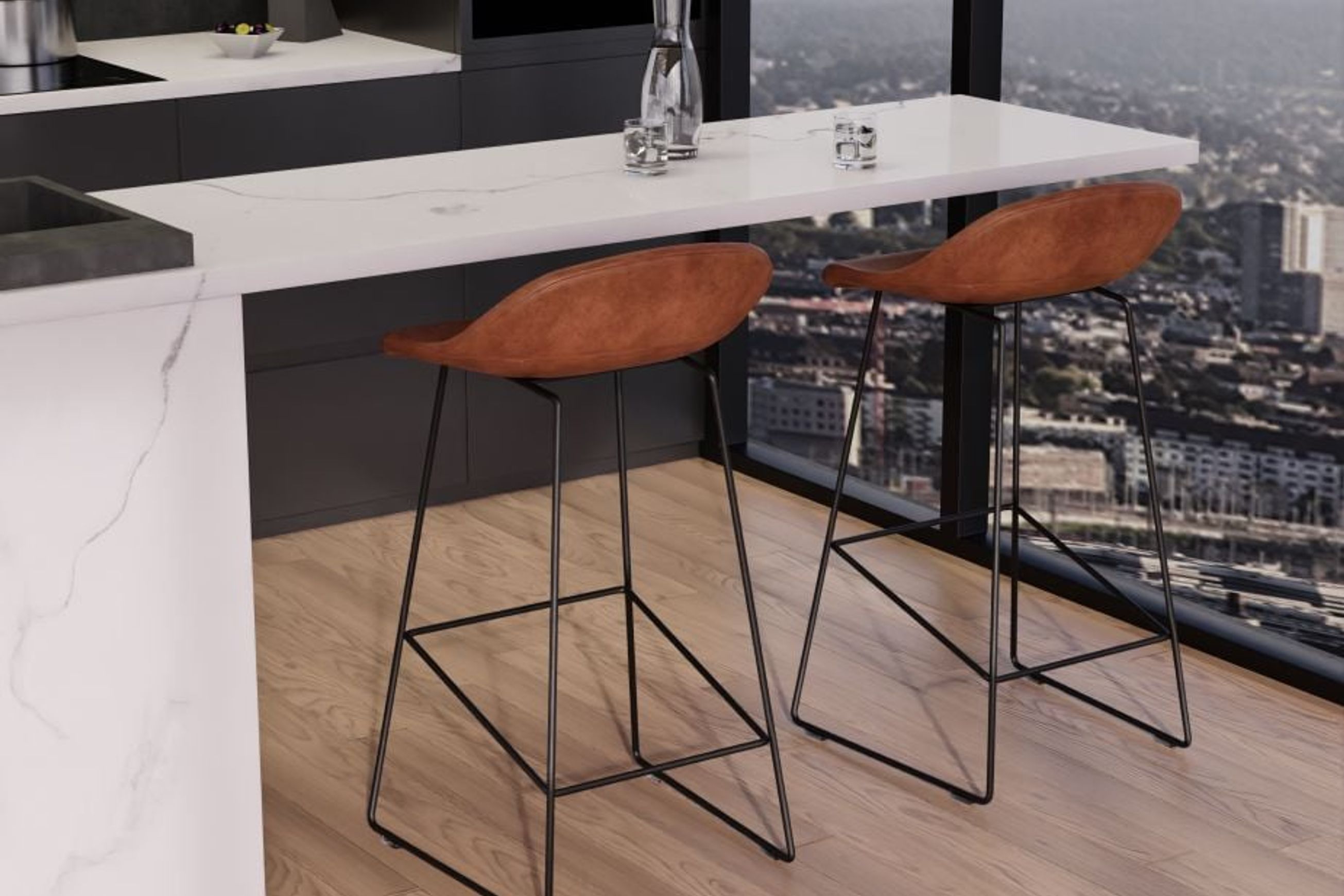 Pop Stool with Black Frame and Upholstered Vintage Tan Seat