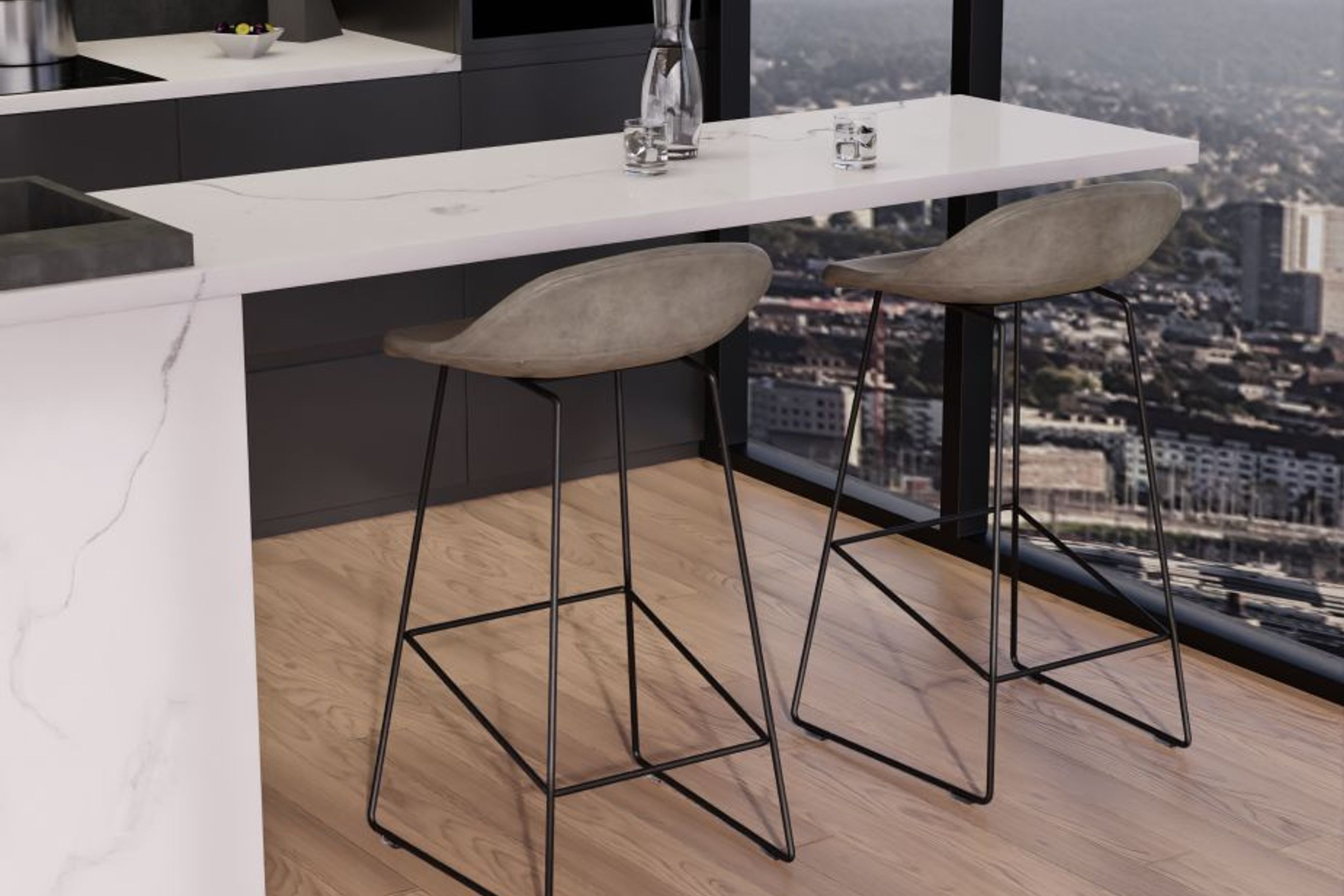 Pop Stool with Black Frame and Upholstered Vintage Grey Seat