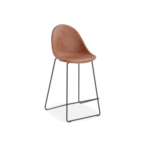 Pebble Stool Brown Upholstered Vintage Seat  - Counter Stool 65cm Seat - Black Base