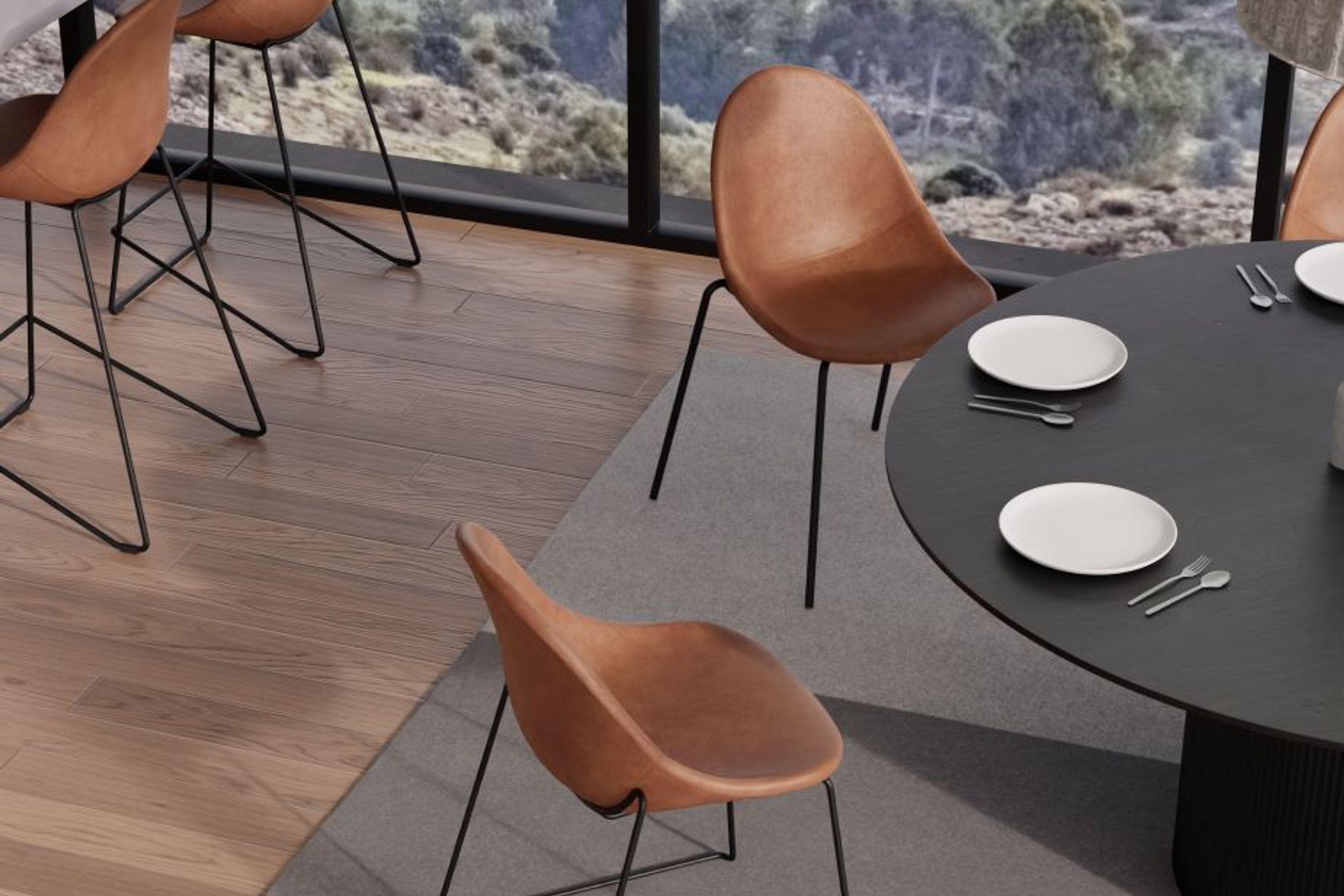 Pebble Stool Brown Upholstered Vintage Seat  - Counter Stool 65cm Seat - Black Base