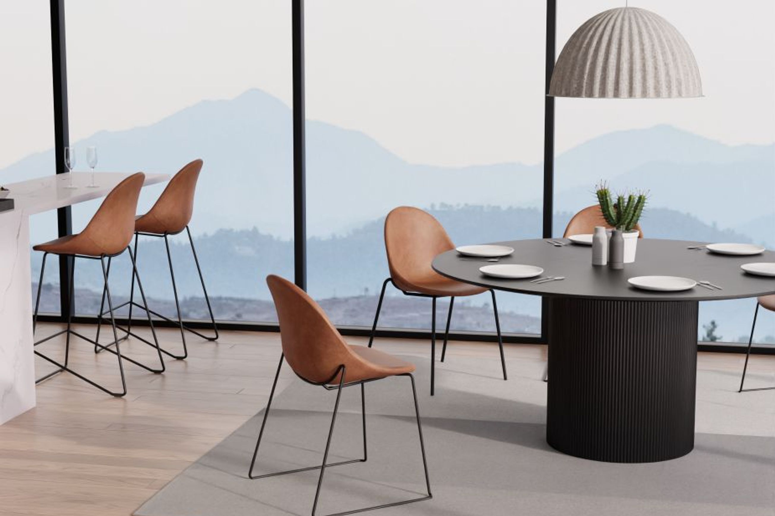 Pebble Stool Brown Upholstered Vintage Seat  - Counter Stool 65cm Seat - Black Base