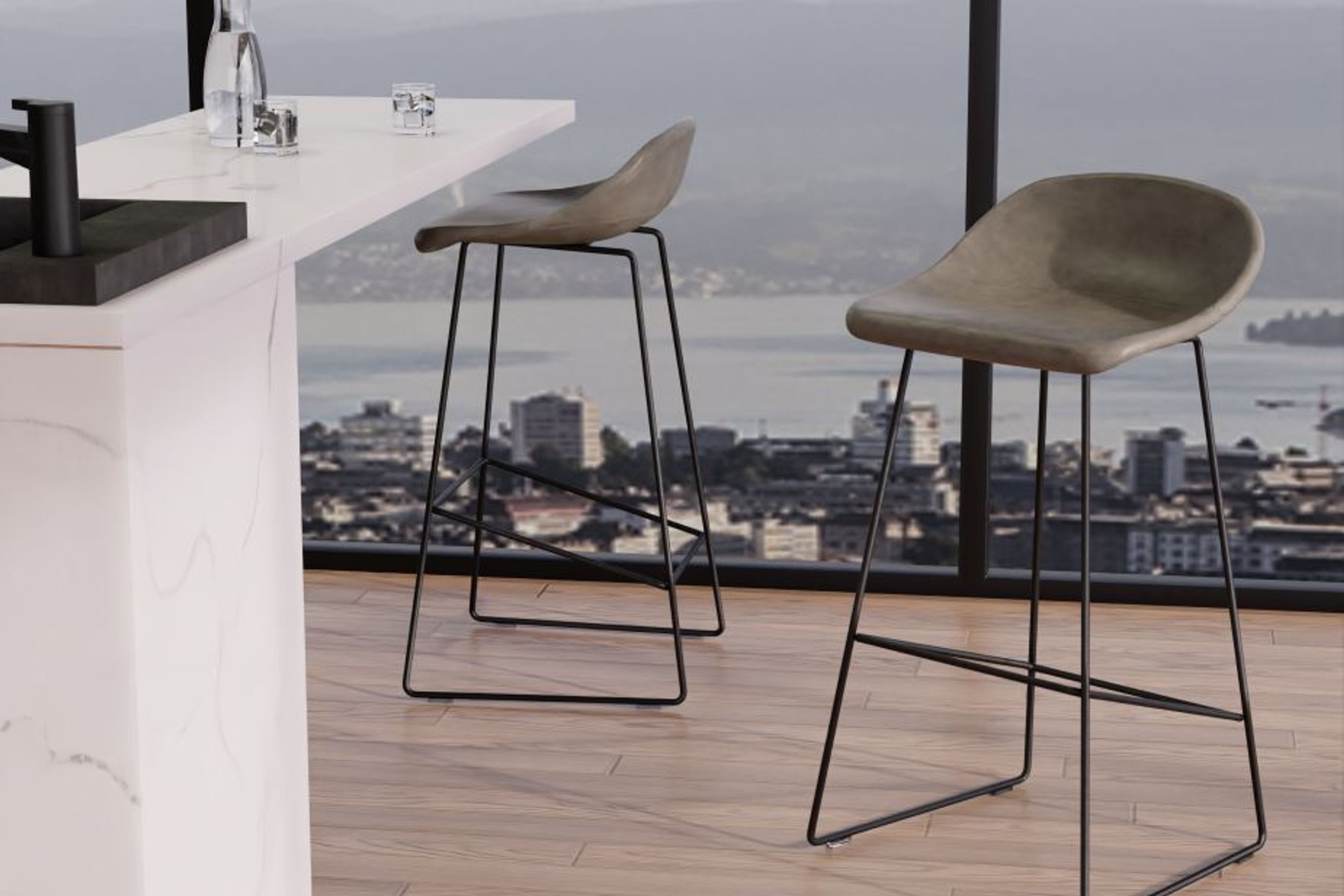 Pop Stool with Black Frame and Upholstered Vintage Grey Seat