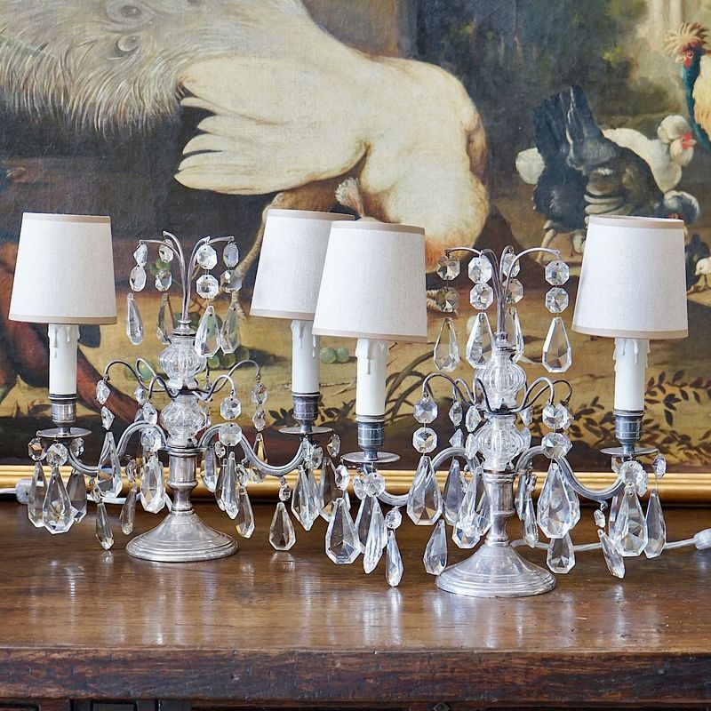French Antique Silver & Glass Girandole Lamps
