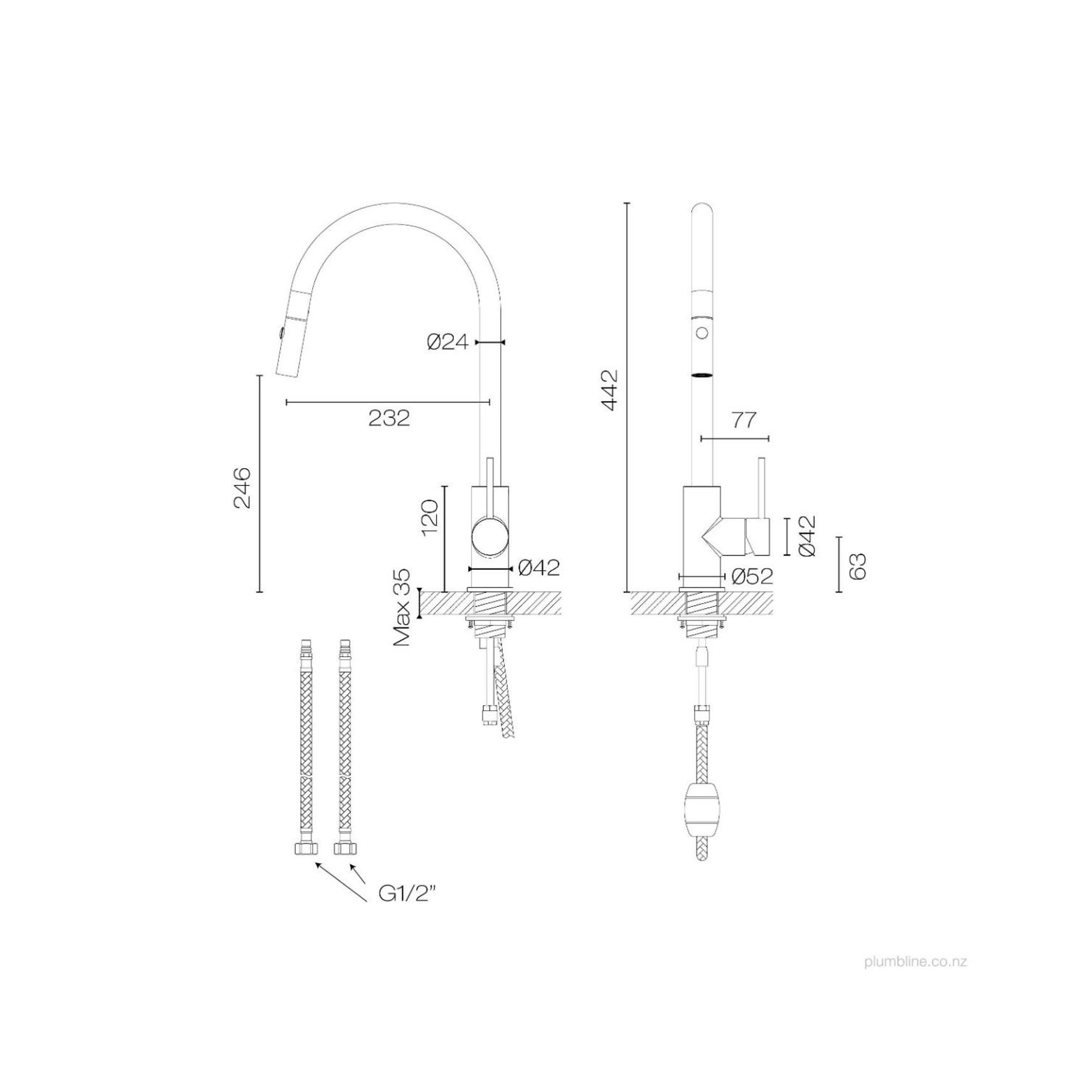 Tube Kitchen Mixer With Pull Out Spray dimensions