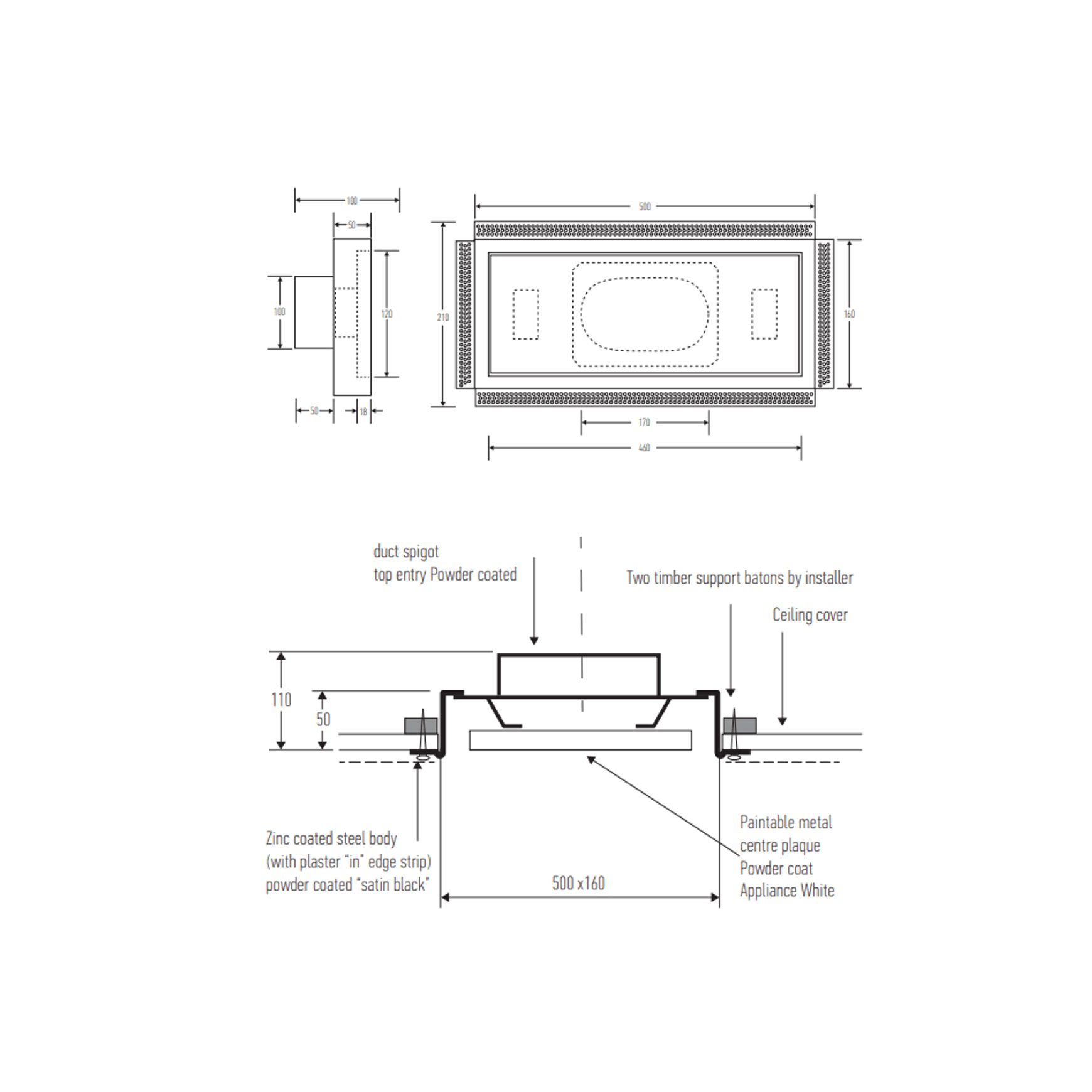 HB1020 Rectangle Frameless Extraction Grill dimensions
