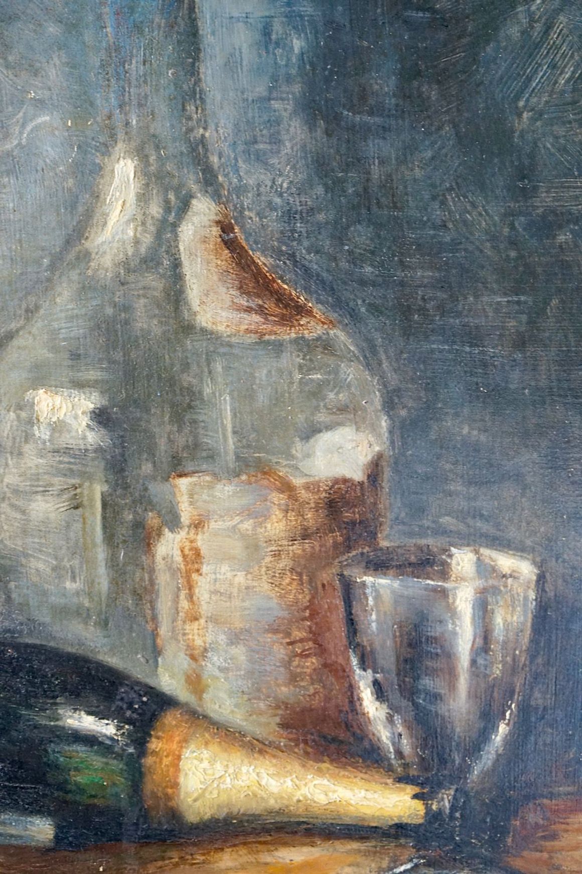 French Still-Life Oil Painting of Wine Bottles