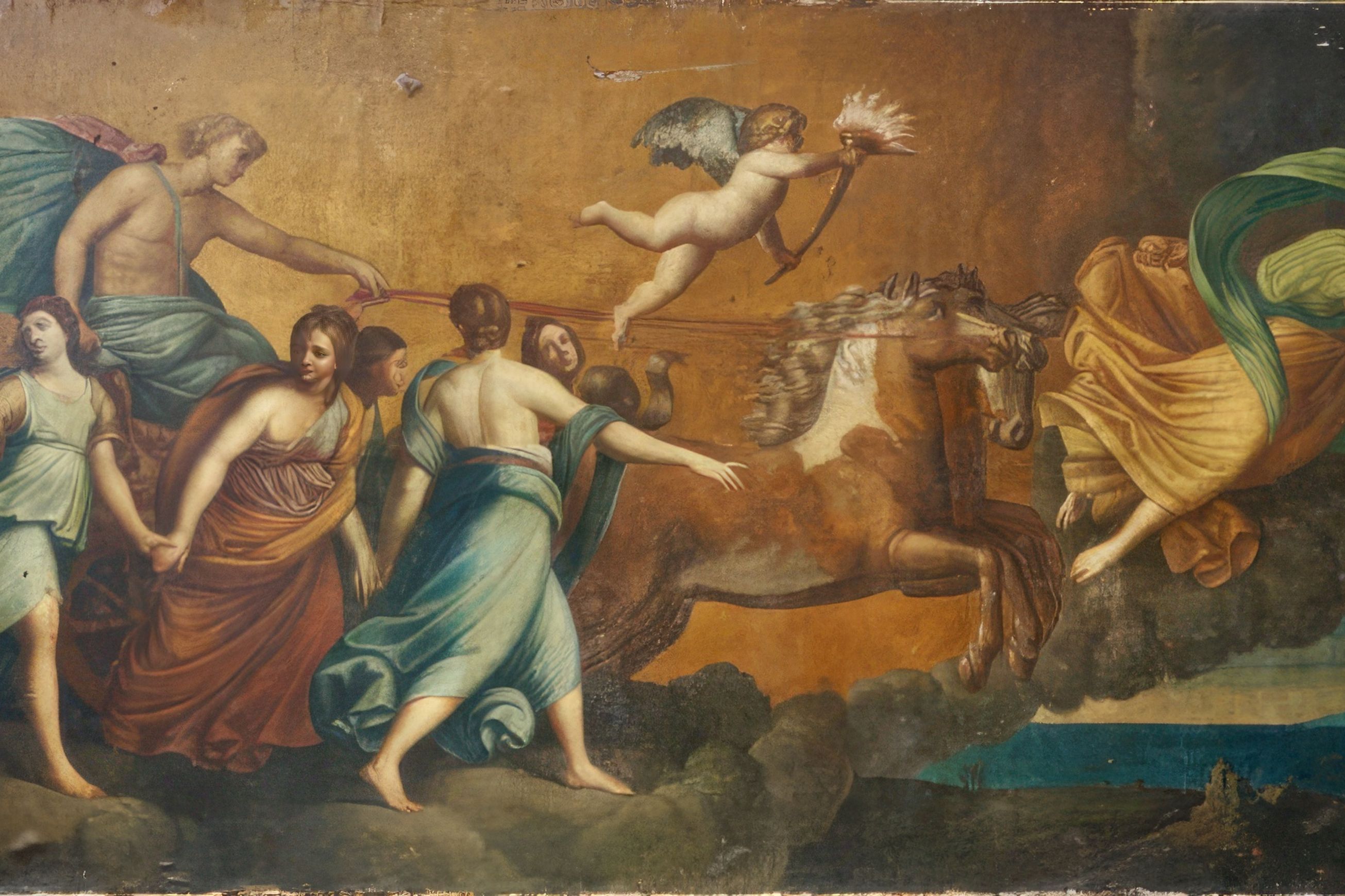 Large Italian Antique Oil Painting of Aurora & Apollo