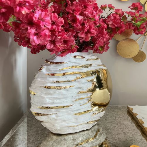 White & Gold Textured Ceramic Vase