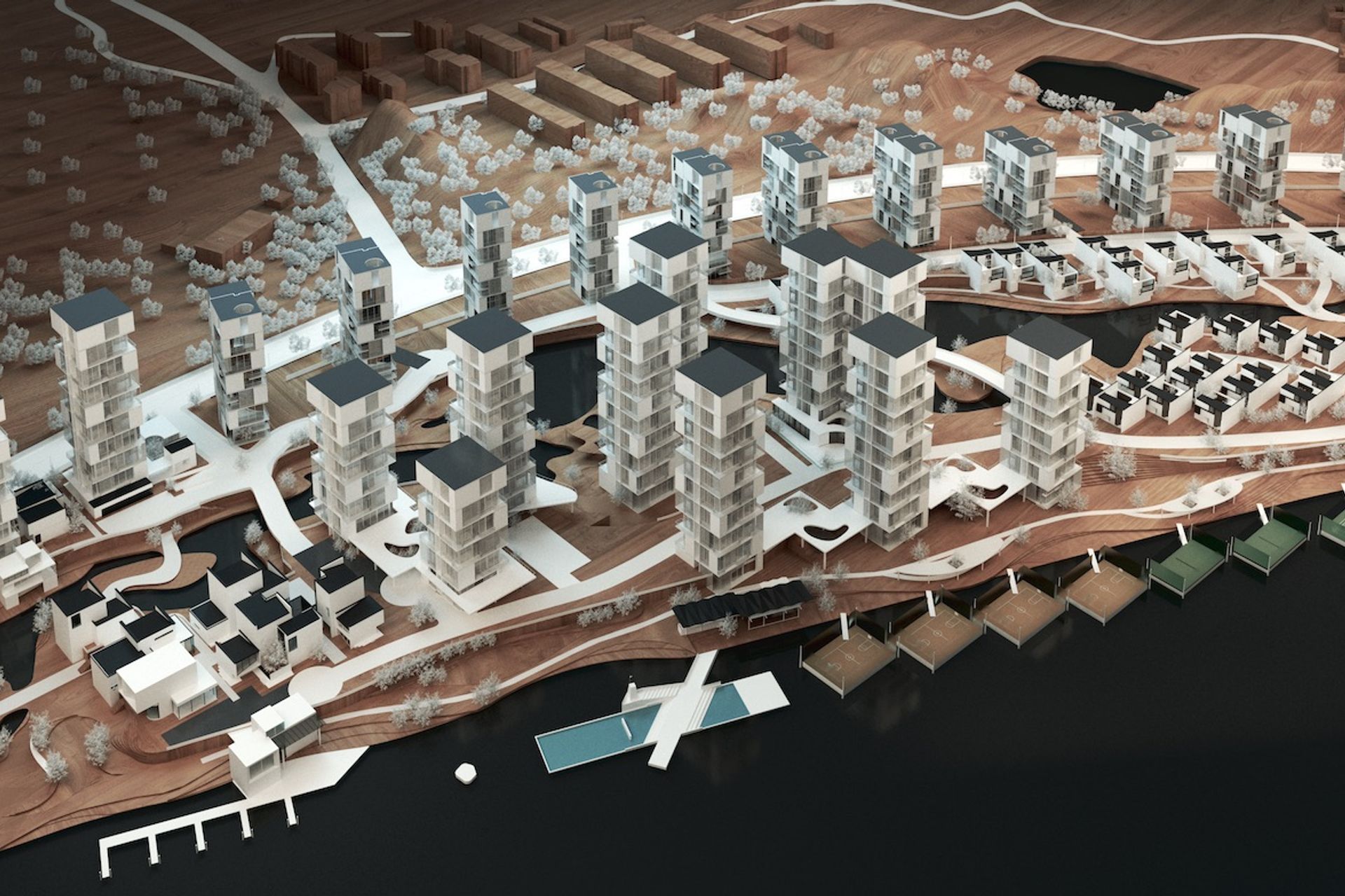 View to village and Soho Towers. New Zealand Sailing school at the river