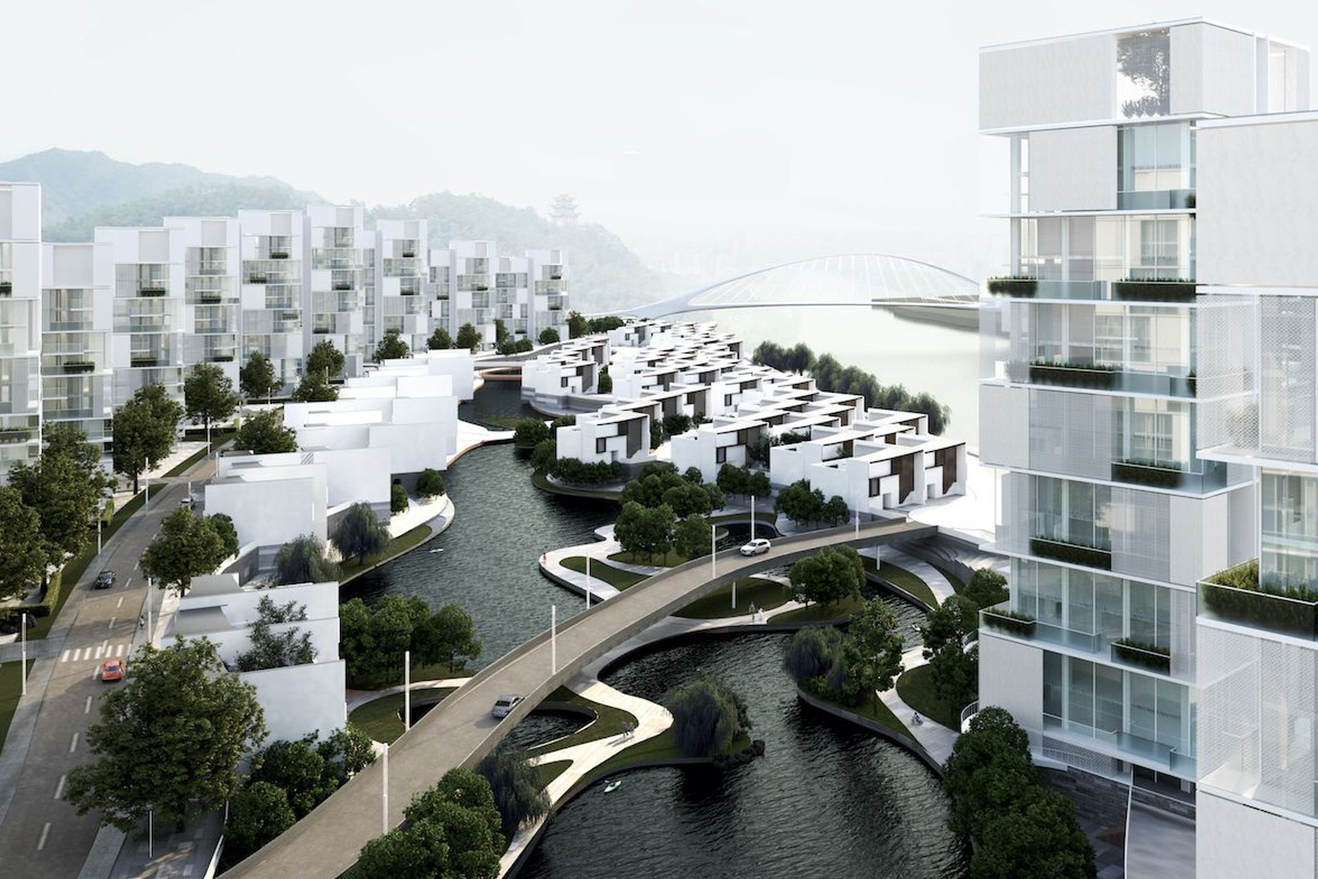 View to stream between East and West Side Apartments with Villa Zone in the background