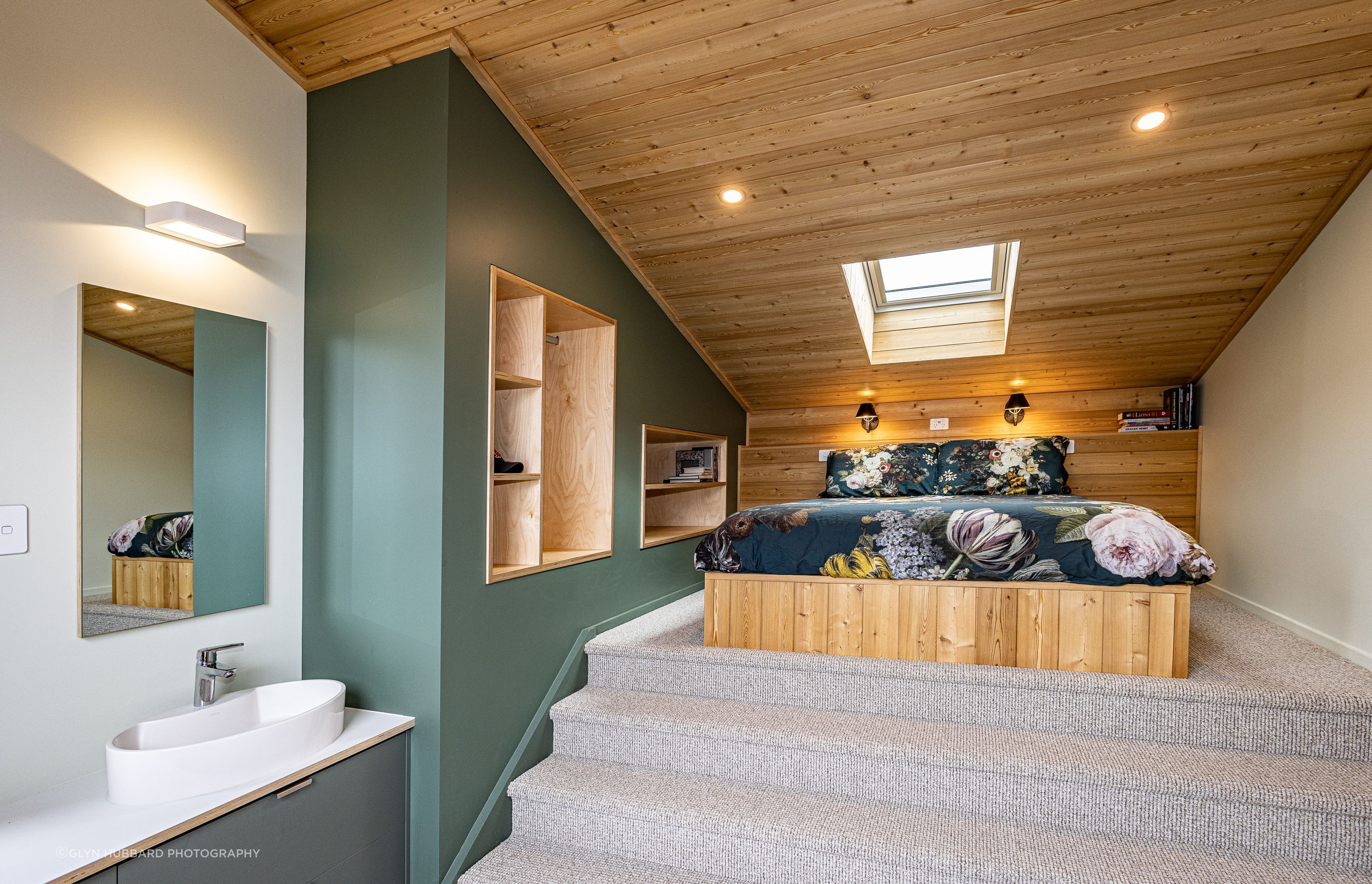 The snug master bedroom, with a skylight for stargazing.