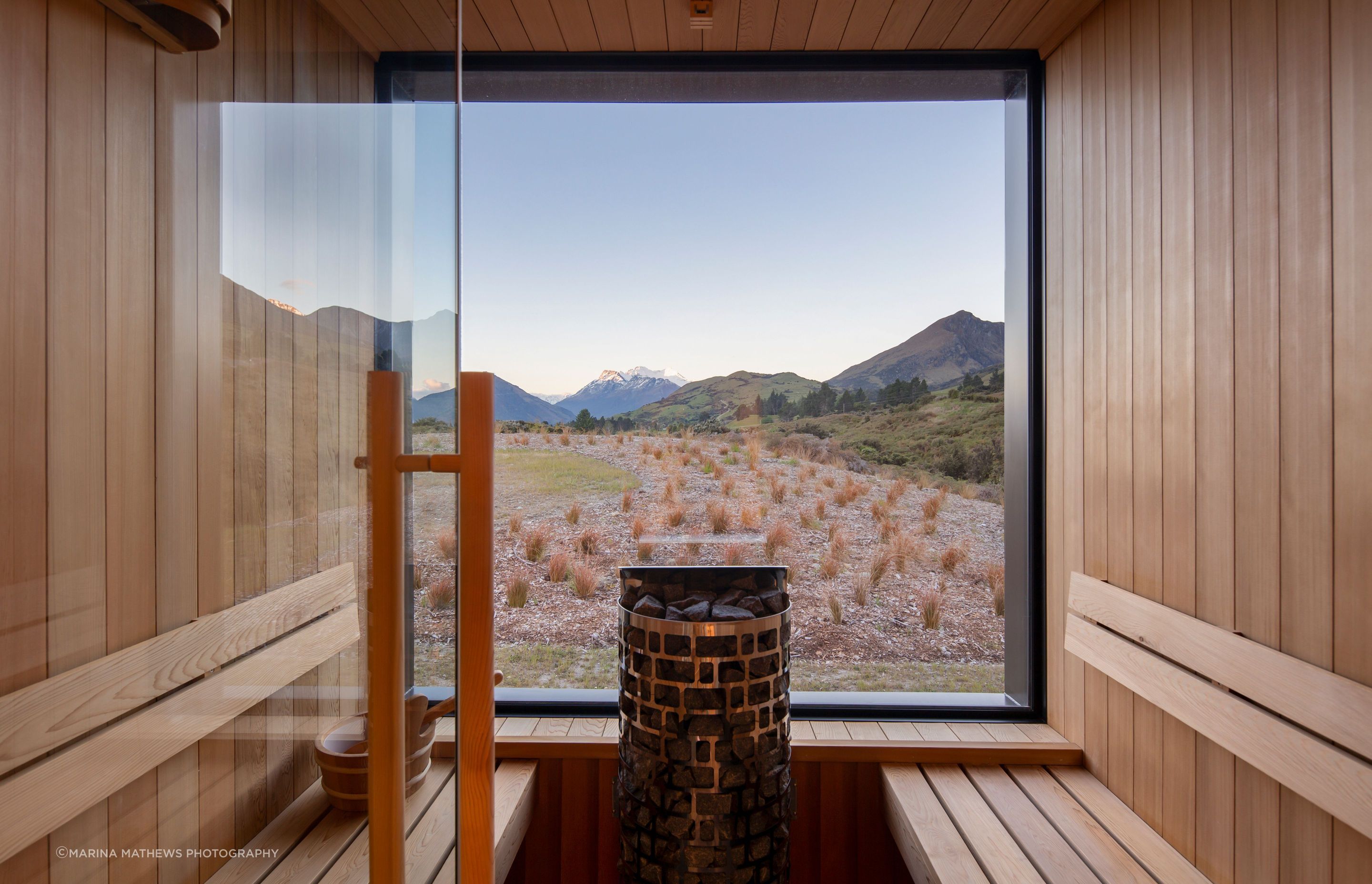Part of the master suite, a sauna overlooks Mount Alfred and Glenorchy.