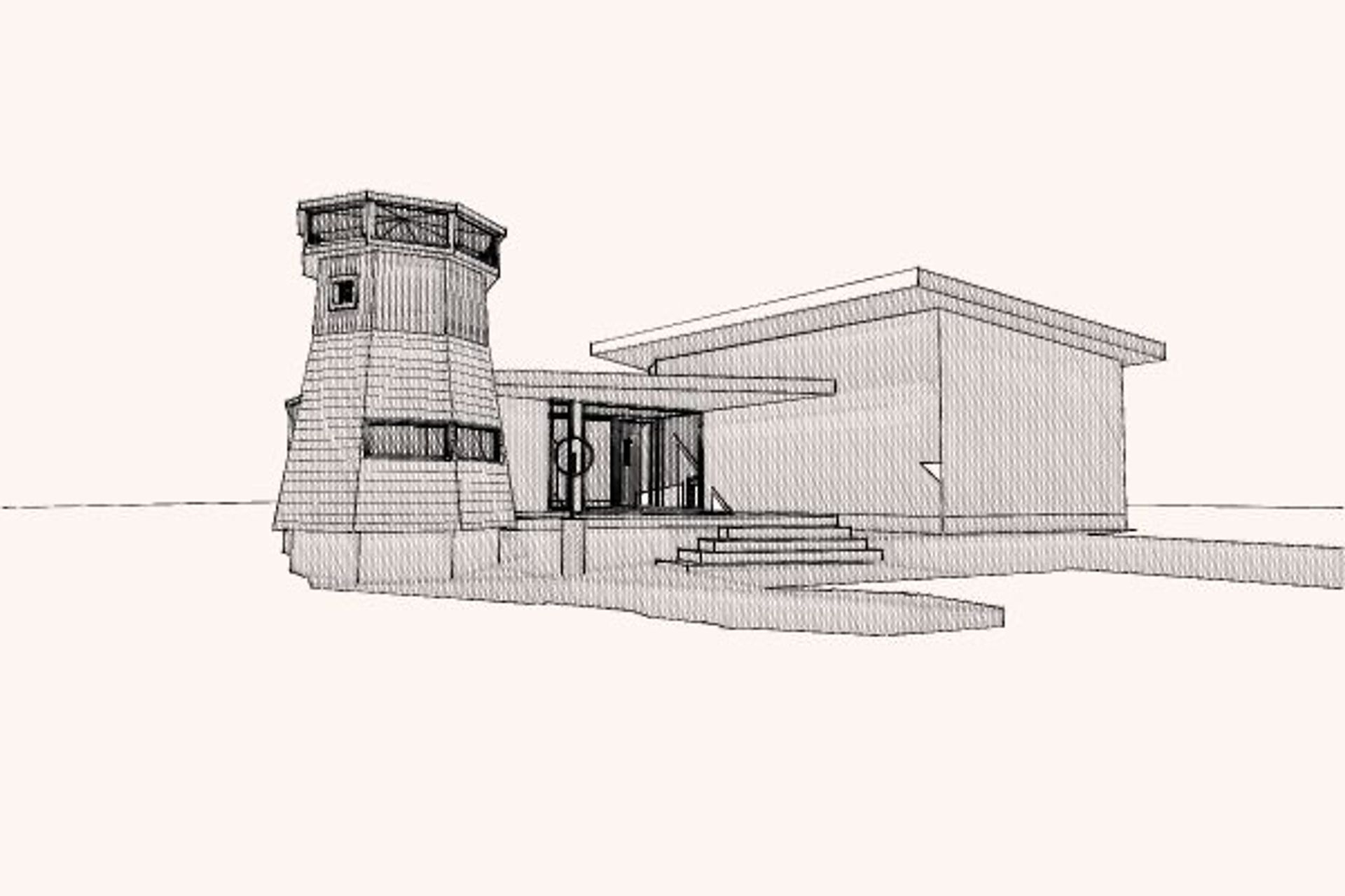 Early sketch elevation showing the arrangement of structures