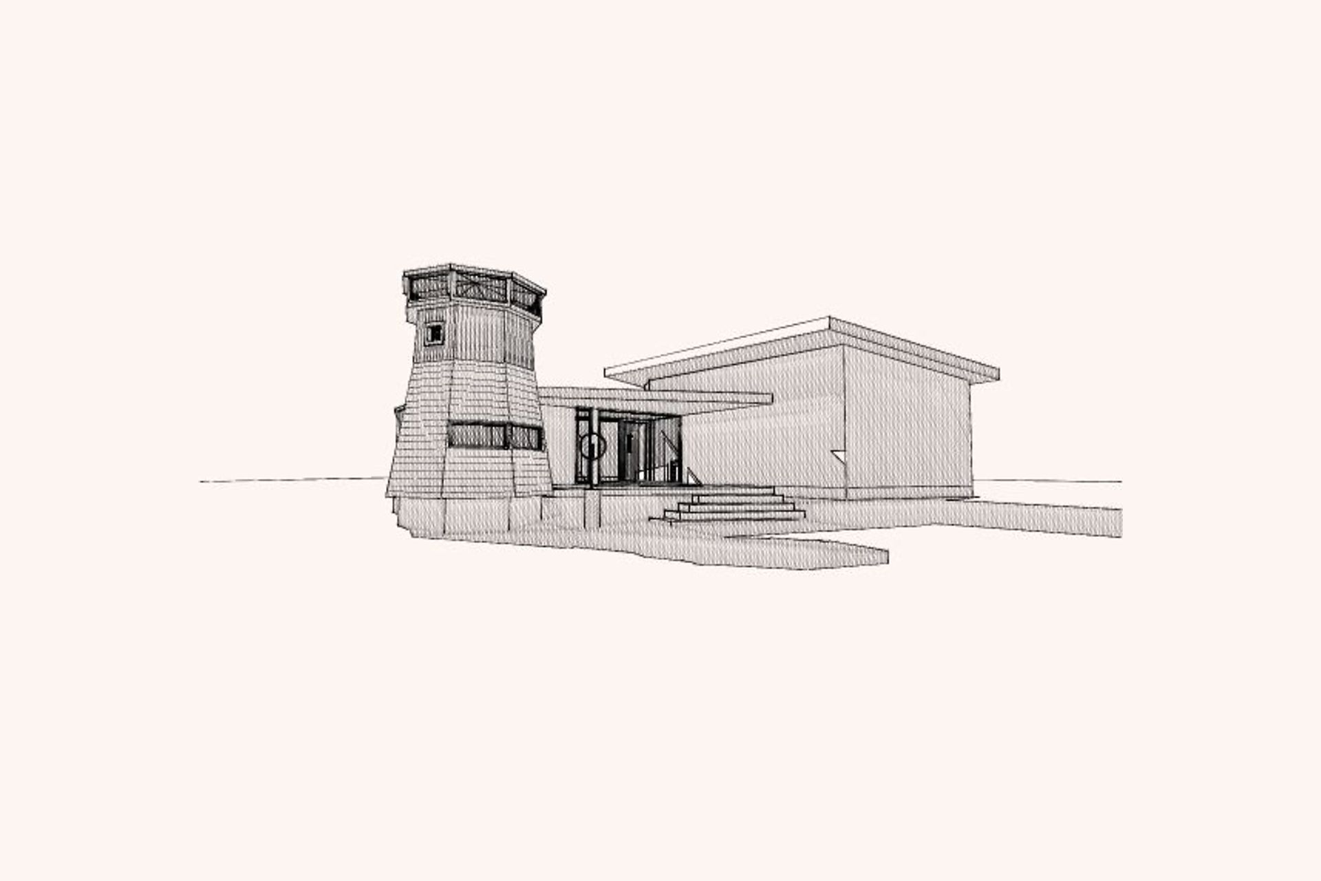 Early sketch elevation showing the arrangement of structures