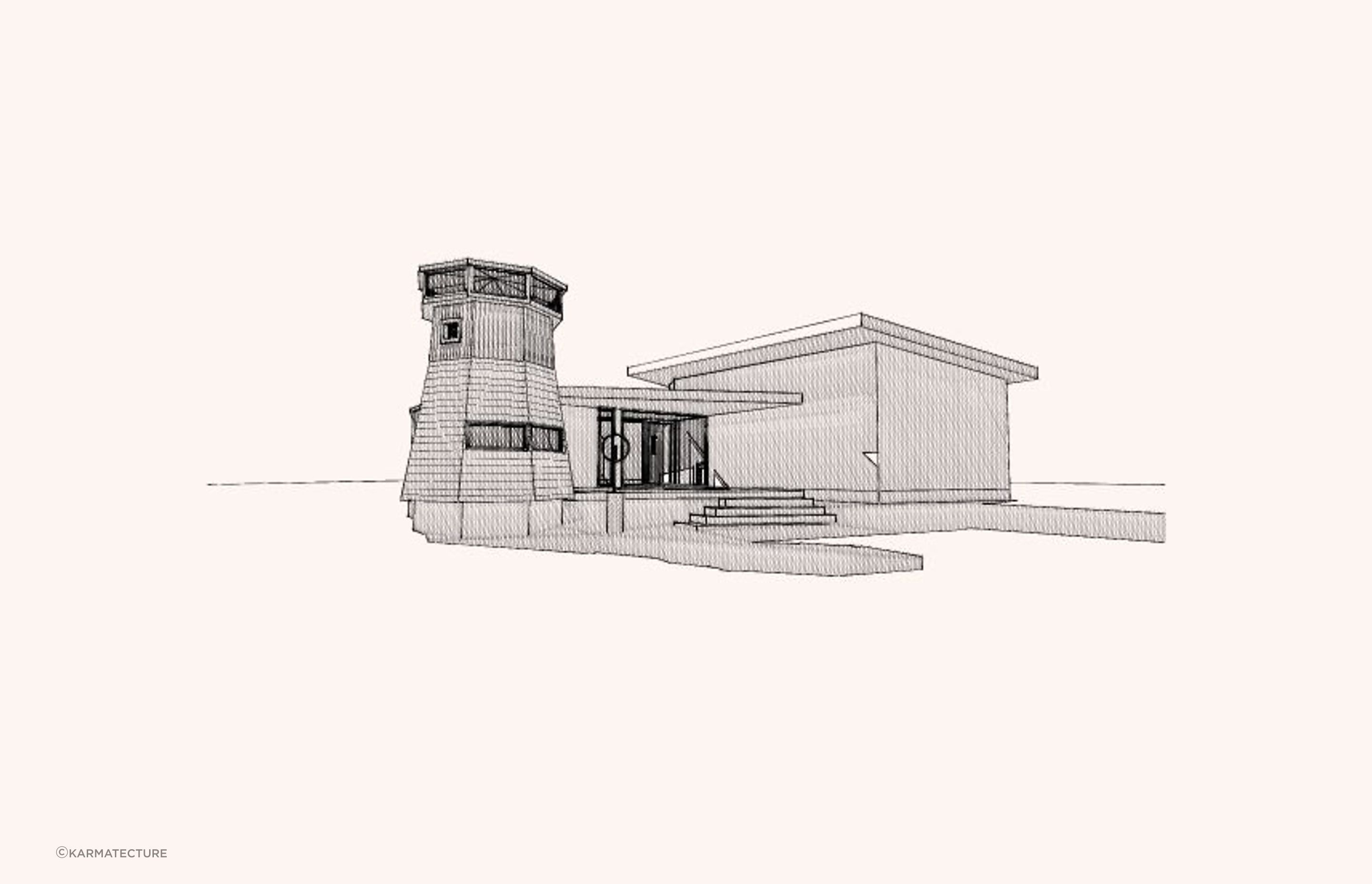 Early sketch elevation showing the arrangement of structures
