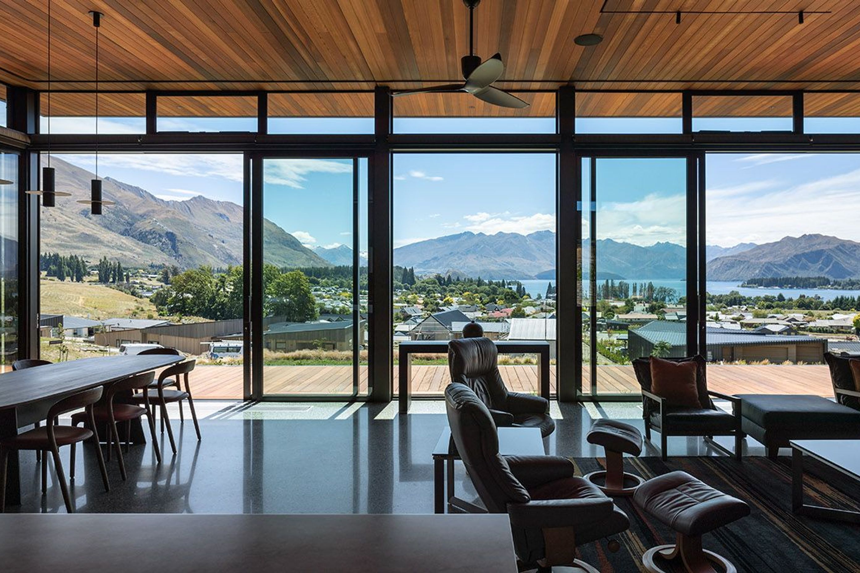 The jaw-dropping view from the living spaces takes in Lake Wanaka and the mountain ranges beyond.