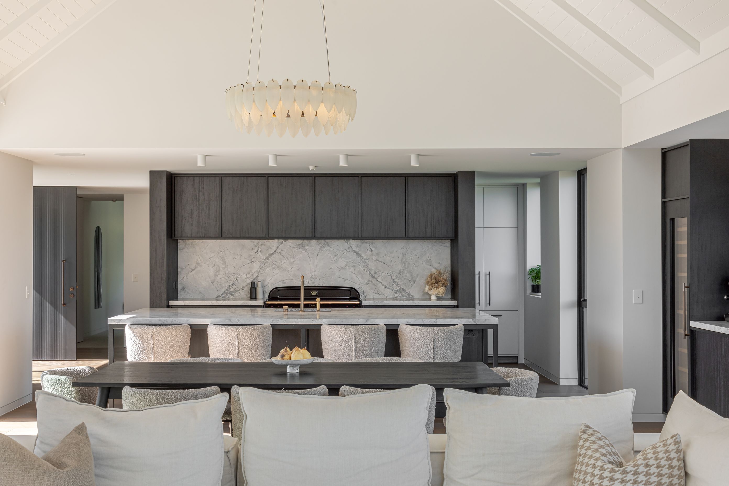 Gabled skillion ceilings span the dining and living spaces