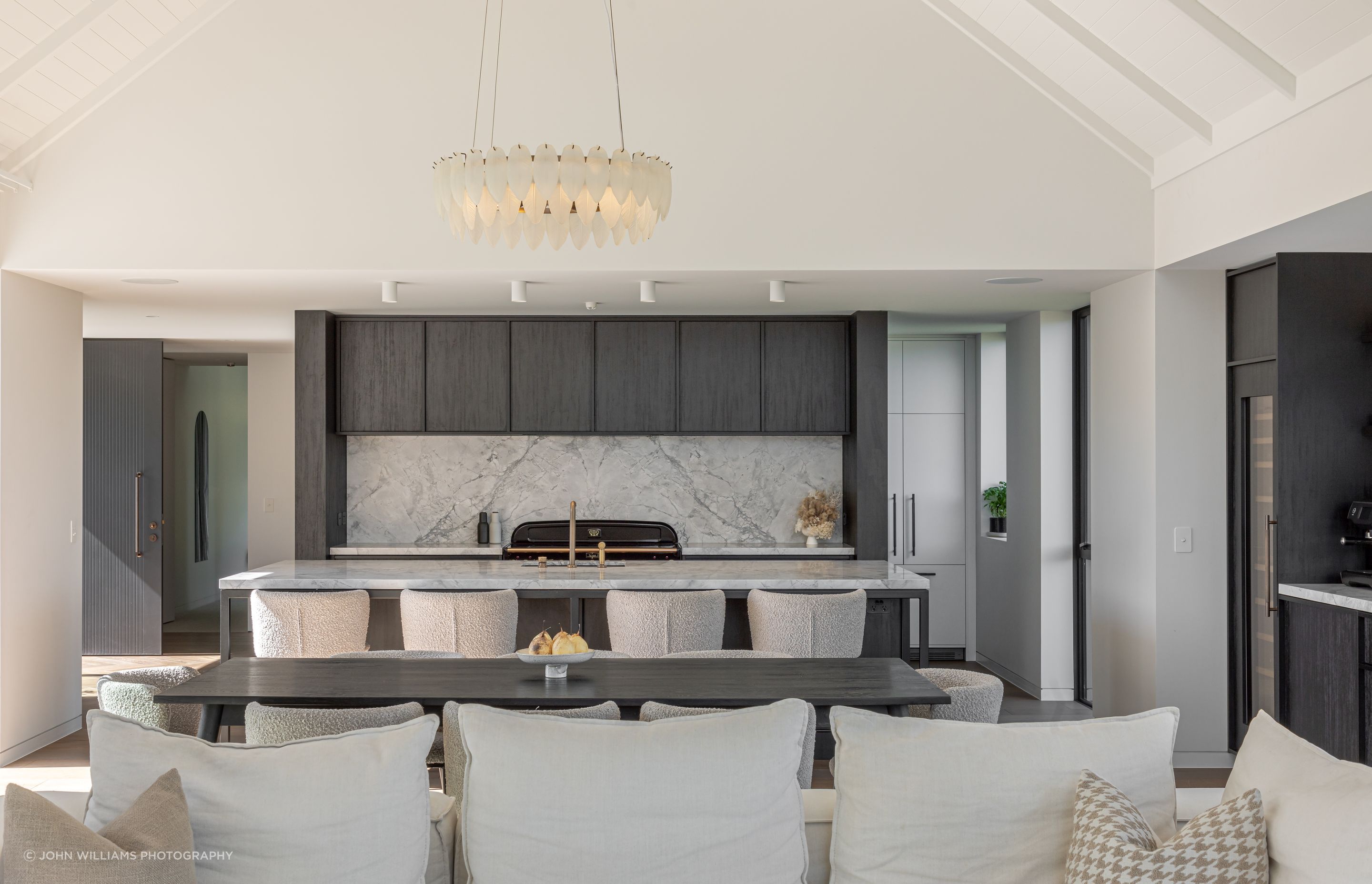 Gabled skillion ceilings span the dining and living spaces