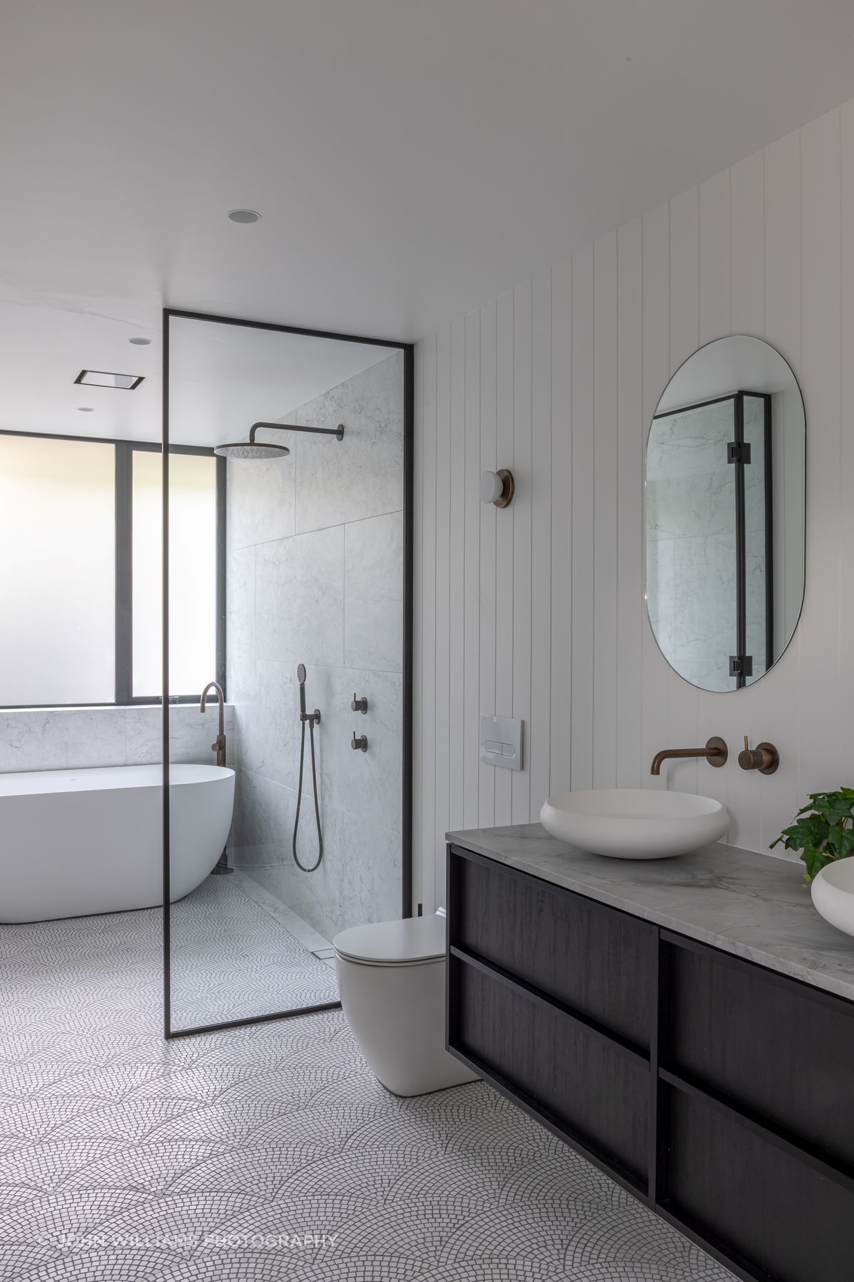 Freestanding bath in guest bathroom
