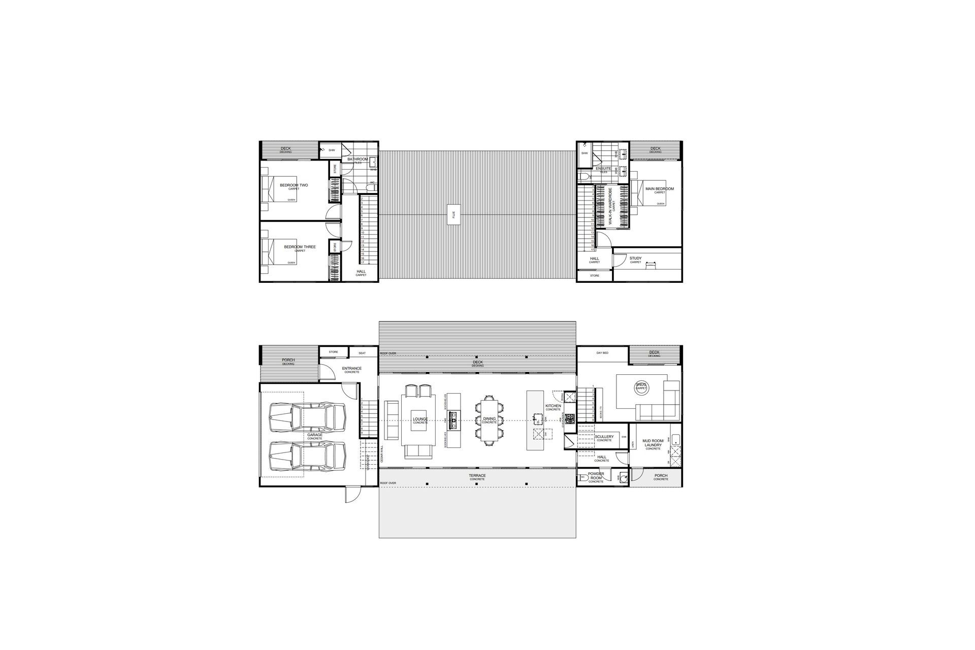 Architectural floor plan by Rogan Nash Architects illustrating the distinctive planning of Bookends, a contemporary lifestyle home in Waipu. The plan shows the two separate wings connected by a central open-plan living pavilion, with private bedroom and retreat spaces arranged around the shared kitchen, dining and living areas. The layout creates flexibility for everyday living, family gatherings and guests while responding to the surrounding rural landscape.