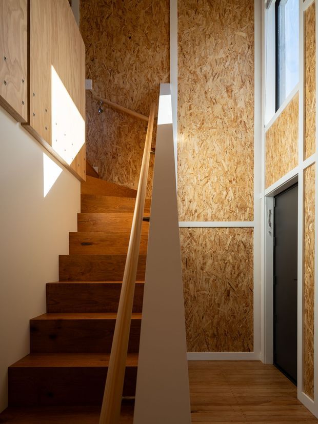 A compact interior stairway with warm timber treads and a simple rounded timber handrail. The walls and stair enclosure are clad in exposed oriented strand board, framed with white-painted trim, while tall white-framed glazing brings in strong natural light. A dark interior door is visible at the lower right, and built-in timber cabinetry occupies the upper left.