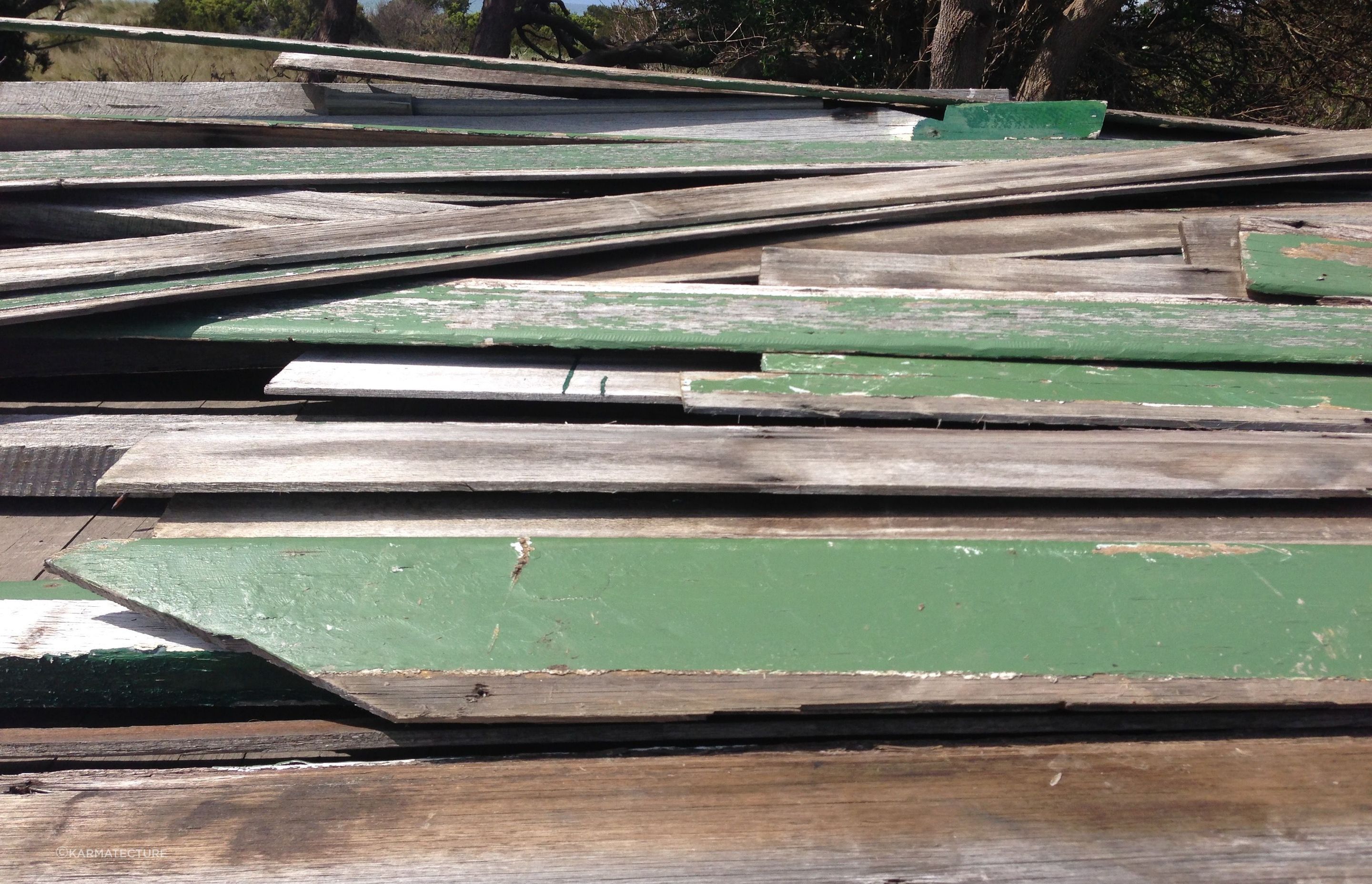 Weatherboard puzzle awaiting installation. Reuse of materials was driven by cost and a love of artefact