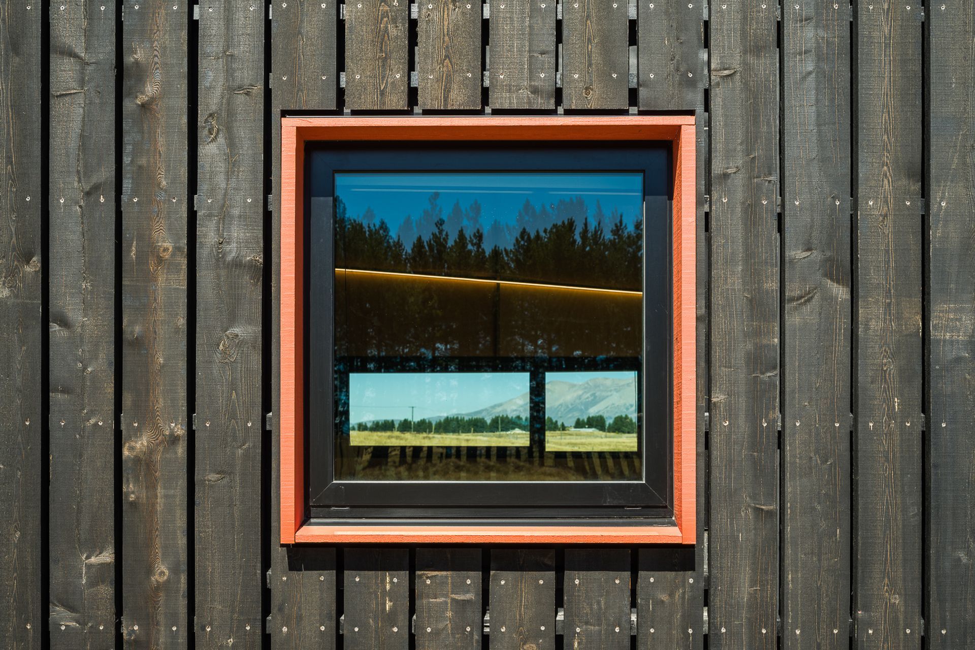Burnt orange window frames punctuate the larch shell. The colour was a specific client request and has been used to emphasise the main structural elements.