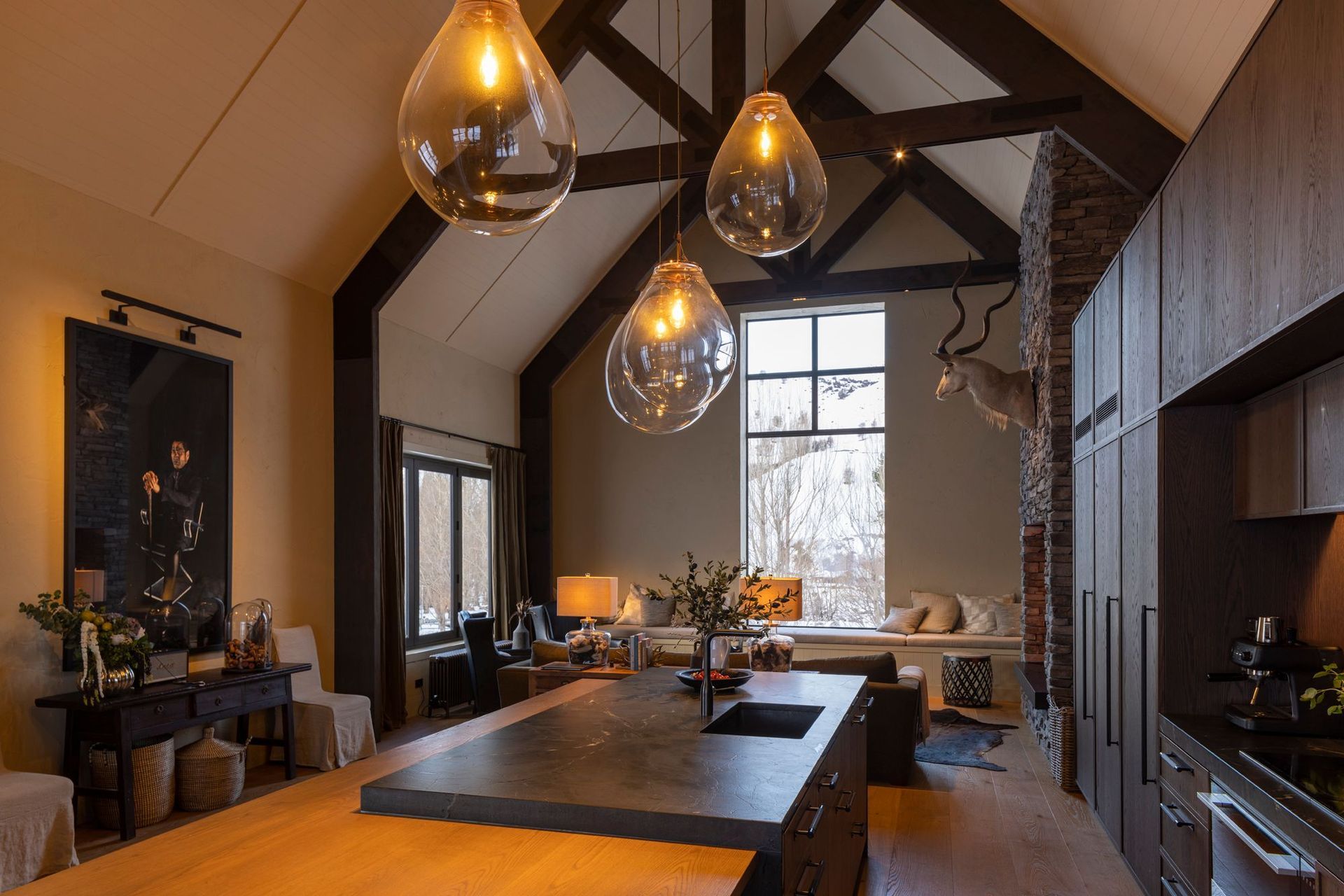 The great room in the main living building. Cardrona is quite remote and attendance on site during the build was limited by lockdowns, says Vee. “Everything had to be on the drawings. It had to be very clear and everything had to be ordered early.”