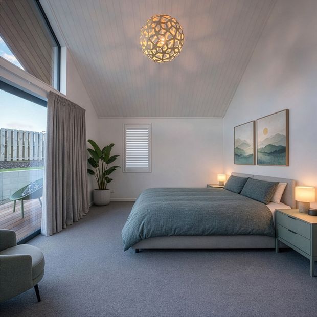 A calm, contemporary bedroom with a low upholstered bed dressed in muted blue-grey bedding, matching bedside tables and warm bedside lamps. The room has soft grey carpet, white walls, a white timber-lined pitched ceiling, full-height glazing with curtains opening to a small outdoor area, a shuttered window, framed mountain artwork, and a sculptural spherical pendant light.