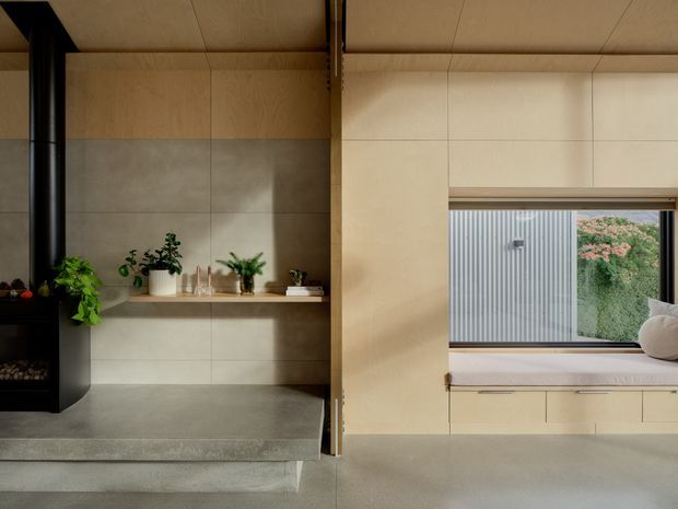 Warm minimalist interior with pale timber wall and ceiling panelling, integrated cabinetry, a broad recessed window seat, and a dark sculptural fireplace at left. A small display shelf with potted plants and objects sits above a light stone or concrete hearth and stepped platform. The space has clean linear detailing, soft natural light, and views to corrugated cladding and greenery outside.