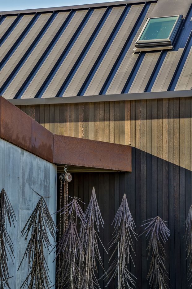 Close-up exterior architectural detail showing a steeply pitched metal roof with regular standing-seam-like ribs, a roof window, dark blue-grey trim, and vertical dark timber wall cladding. A rusted weathered metal canopy projects over a recessed entry, with sparse sculptural planting in the foreground. The image emphasizes material texture, roof geometry, and contemporary rustic detailing.