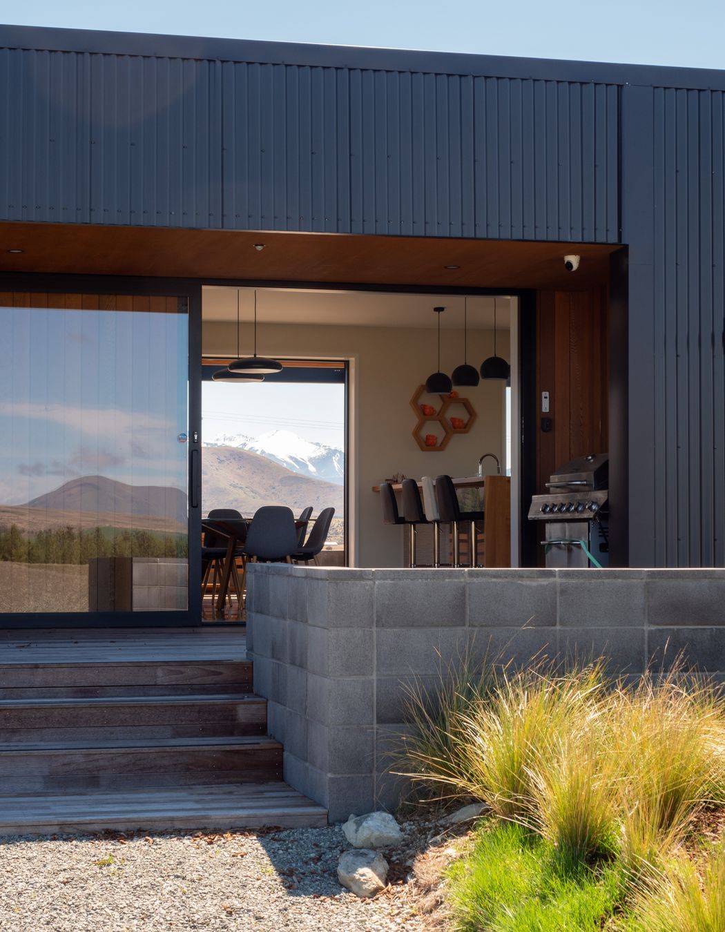 Landscaping choices were very much client-lead says Beth. “They were very clear about what they wanted: durable and low maintenance.” The site is between Twizel and Ben Ōhau Ranges, and is adjacent to one of the hydro canals.