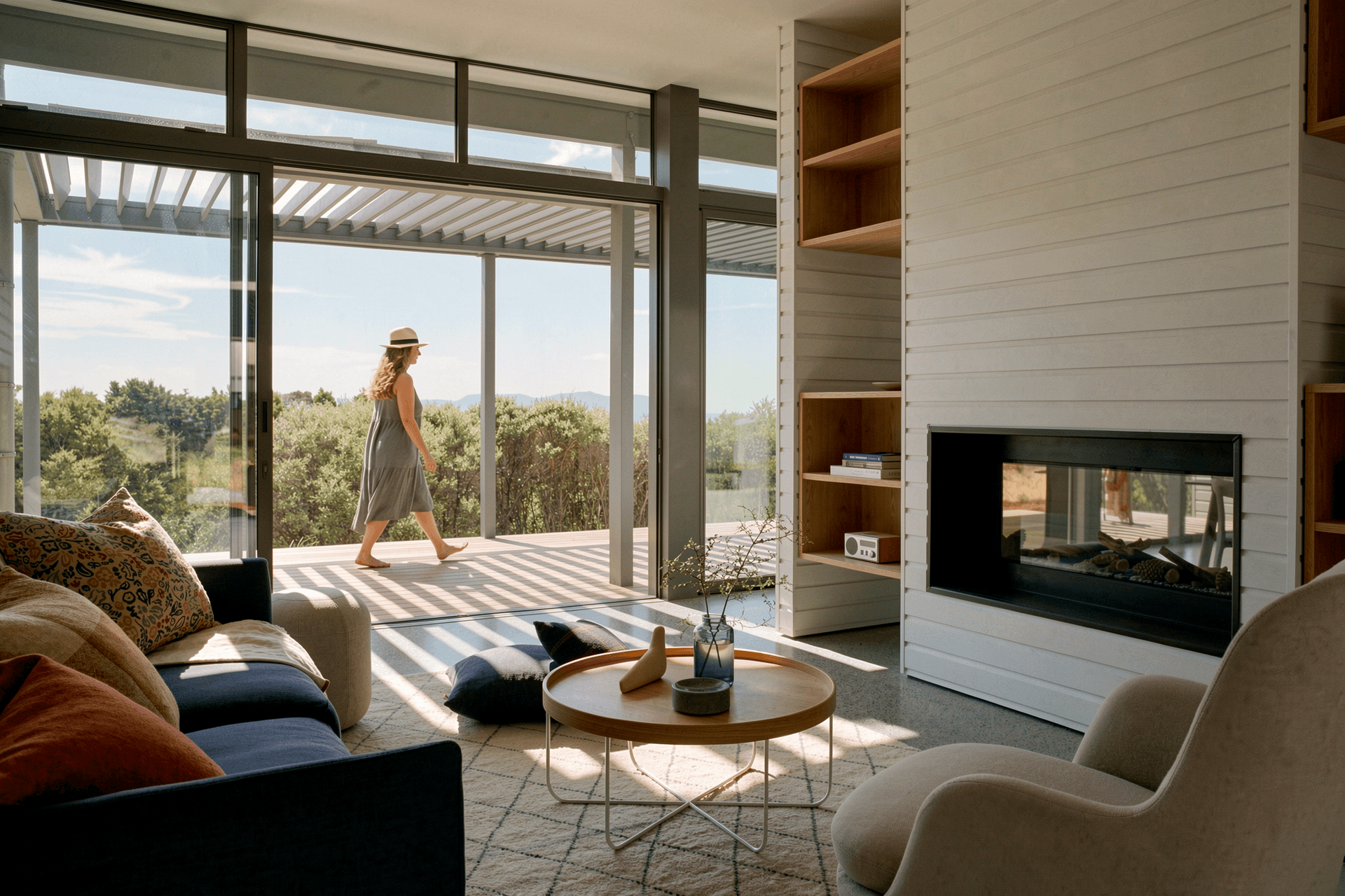 The living room opens seamlessly onto the covered deck, framing uninterrupted views across the native bush to the ocean beyond. Large sliding doors blur the boundary between indoors and outdoors, creating a relaxed space for everyday living