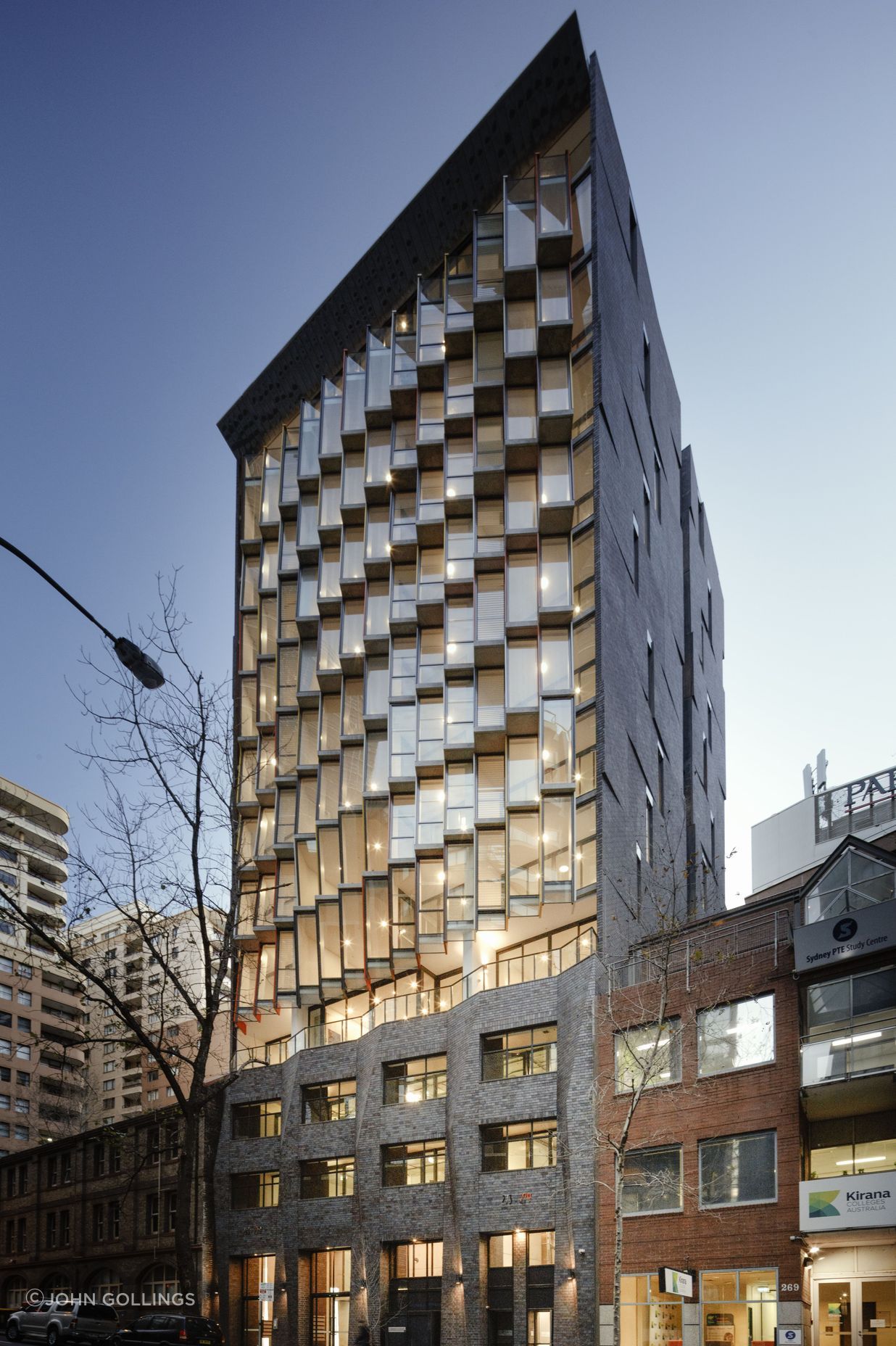 The stunning angled brick inlay facade and brick podium - every brick face is sculptured