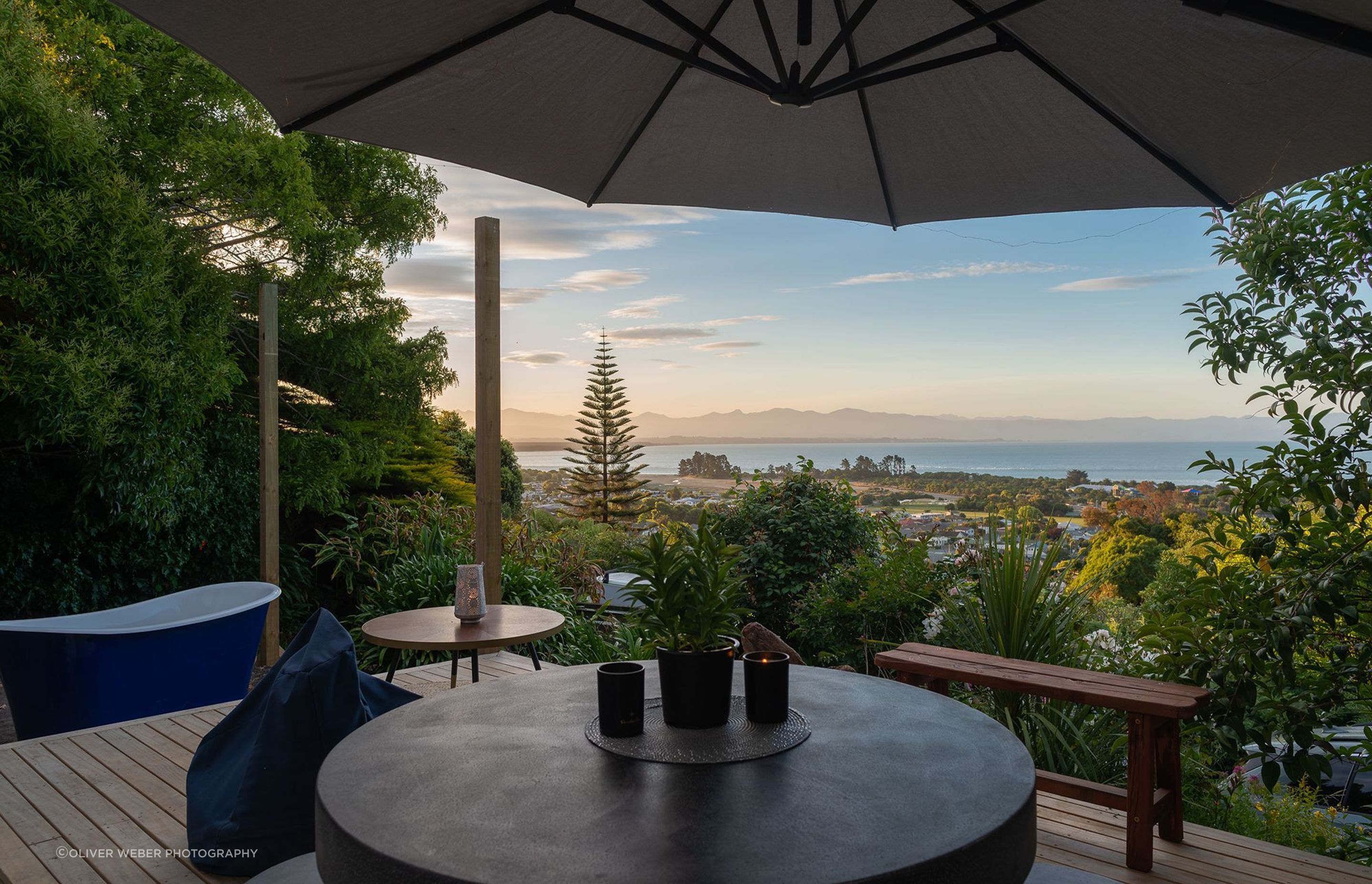 Outdoor deck with stunning views over the Tasman Bay