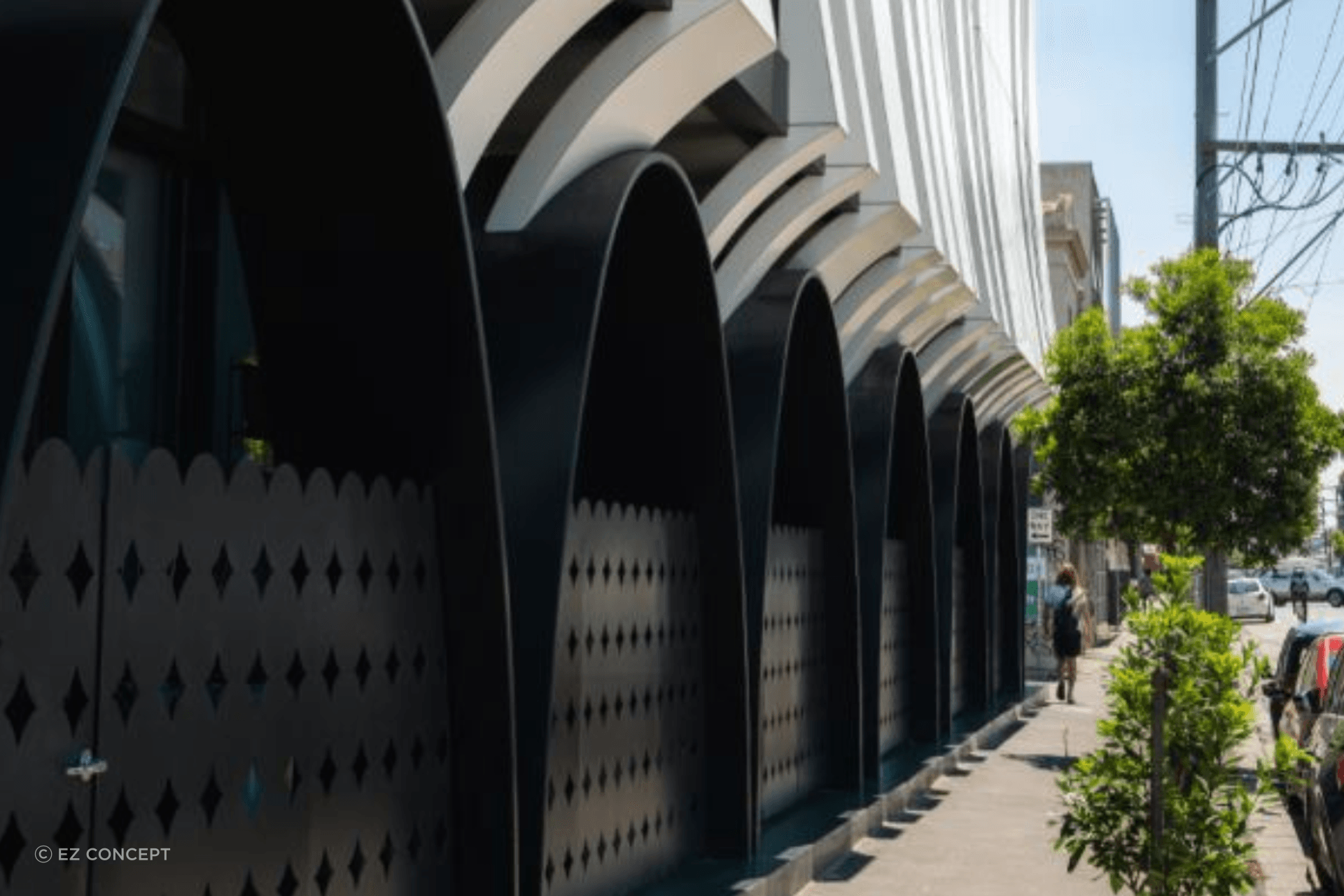 A street view of the stunning external façade wrapping the building.