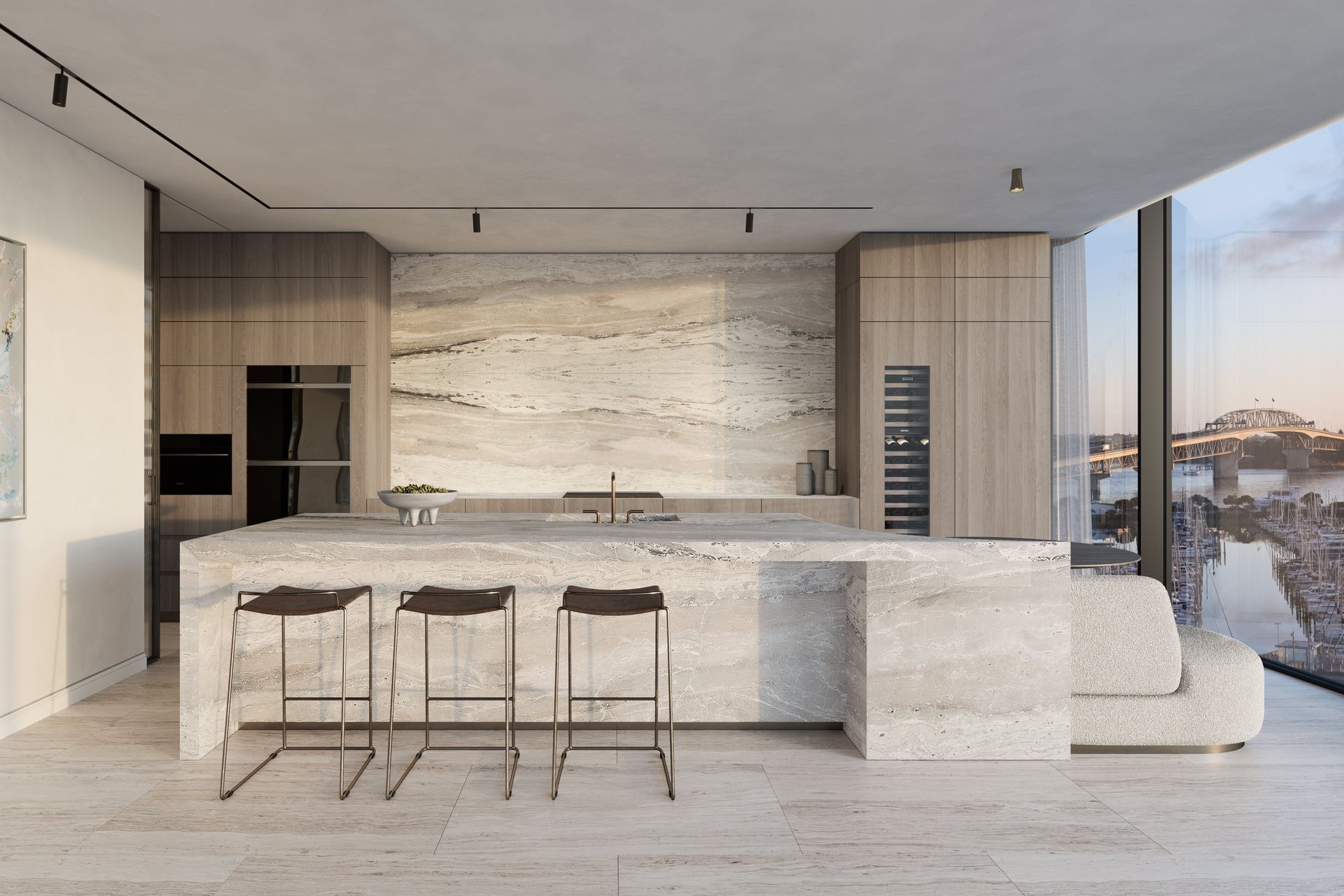 Spectacularly appointed bespoke show and butlers kitchen, with twin areas for cooking and preparation are made for master chefs and entertainers. Marble clad benches and splashbacks adorn the pared back kitchens featuring Sub-Zero Wolf appliances.