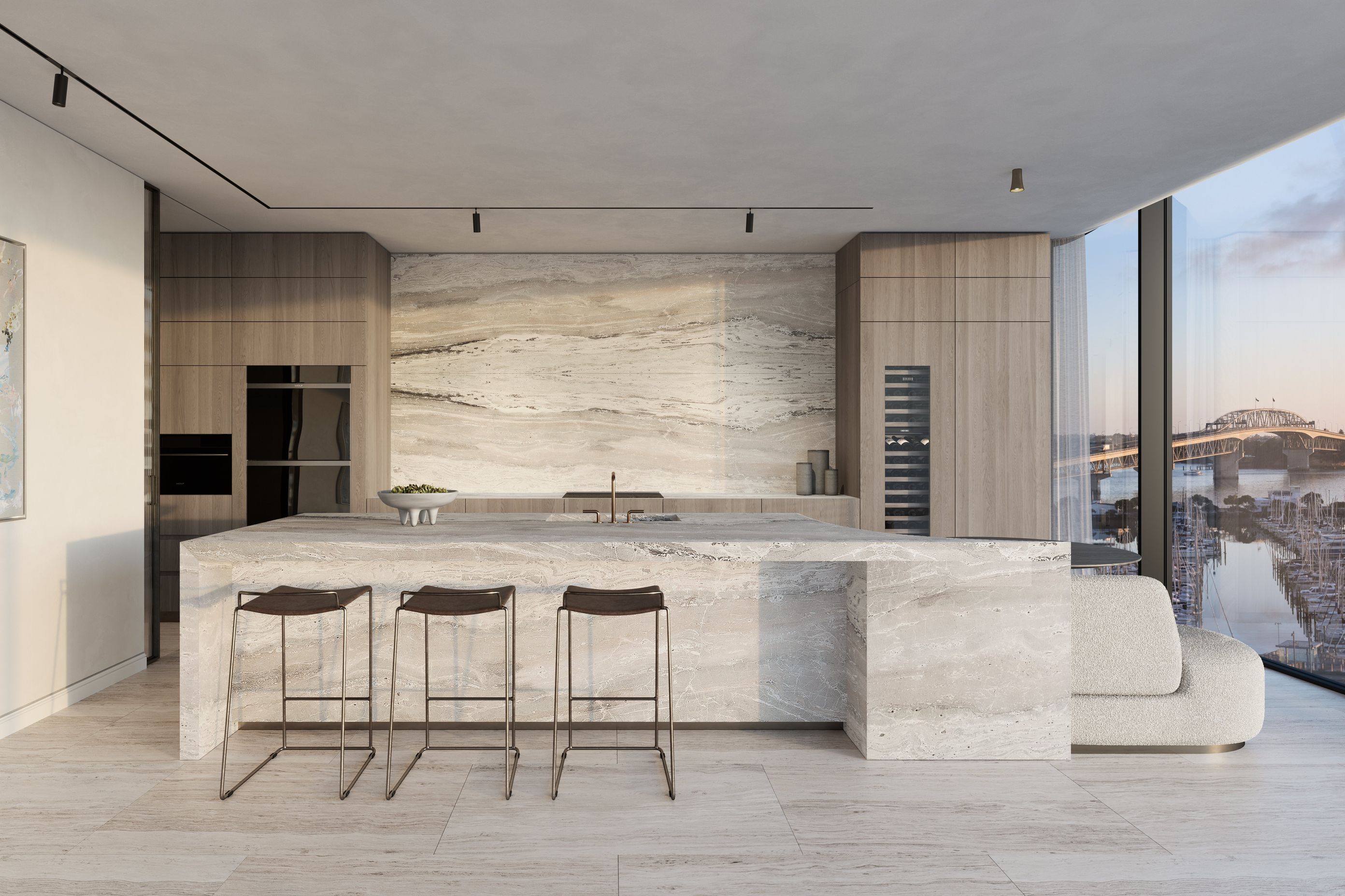Spectacularly appointed bespoke show and butlers kitchen, with twin areas for cooking and preparation are made for master chefs and entertainers. Marble clad benches and splashbacks adorn the pared back kitchens featuring Sub-Zero Wolf appliances.